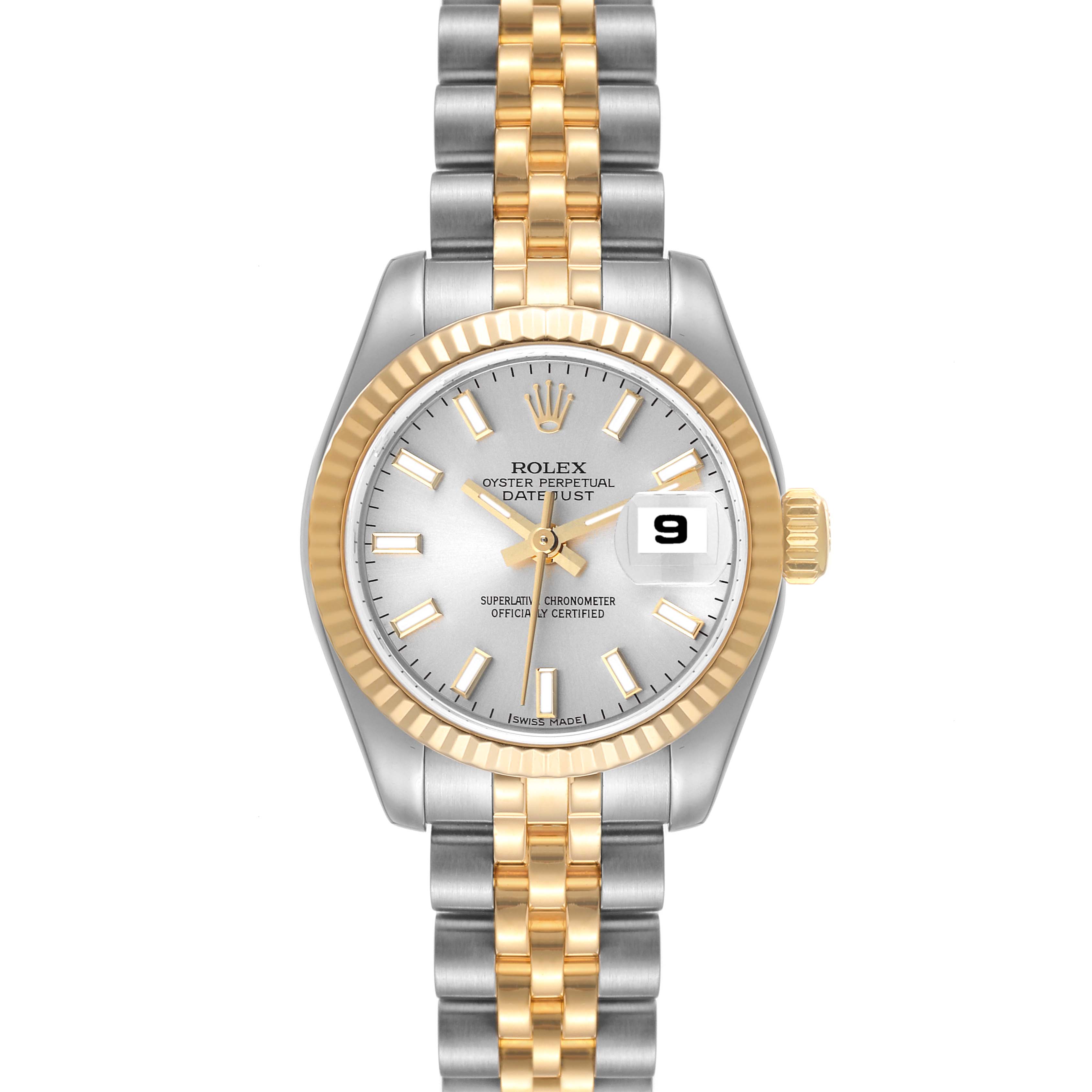 This image shows a Rolex Datejust 179173 Women's Steel and Gold (two tone) Silver Dial 179173 Women's Steel and Gold (two tone) Silver Dial watch with a two-tone bracelet, fluted bezel, and magnified date window, viewed from the front.