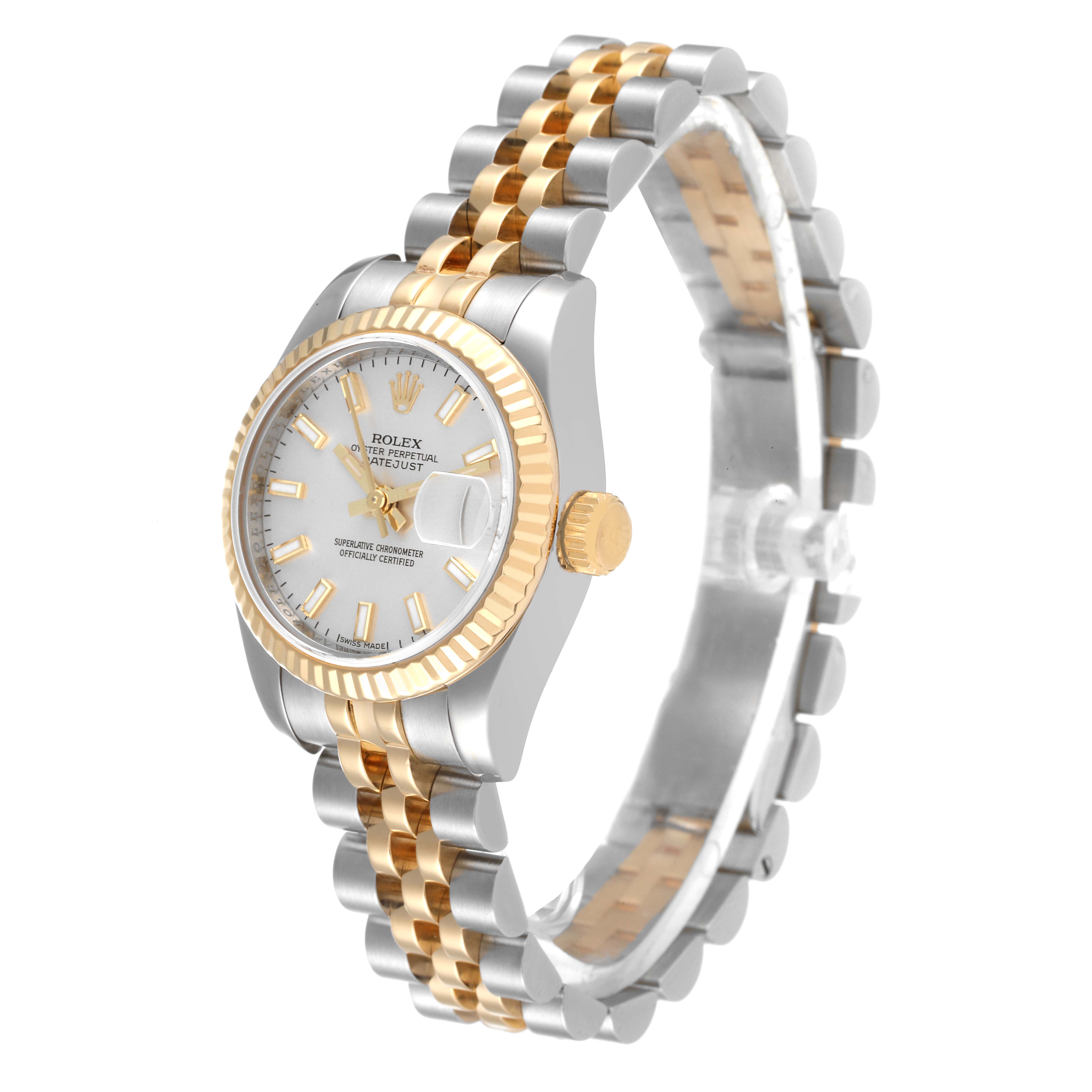 This image shows a side view of the Rolex Datejust 179173 Women's Steel and Gold (two tone) Silver Dial 179173 Women's Steel and Gold (two tone) Silver Dial watch, highlighting its two-tone bracelet and fluted bezel.
