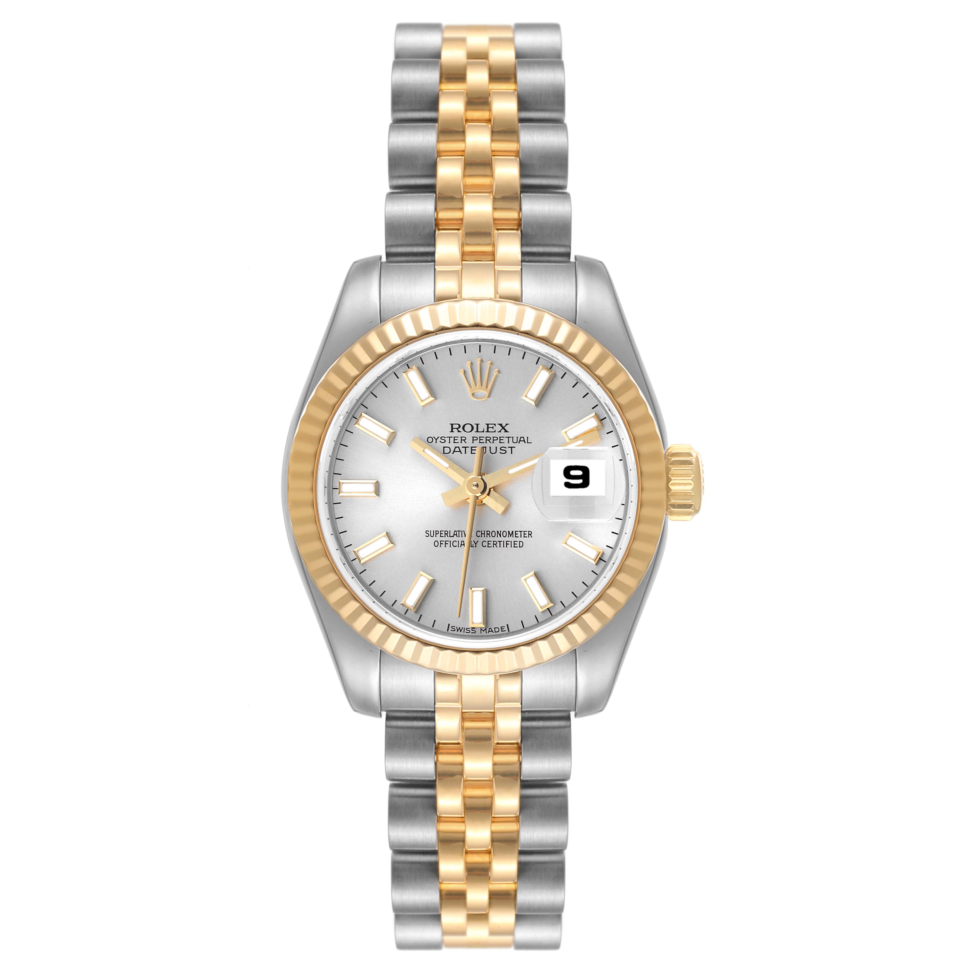 The Rolex Datejust 179173 Women's Steel and Gold (two tone) Silver Dial 179173 Women's Steel and Gold (two tone) Silver Dial watch is shown from the front, displaying the dial, bezel, and two-tone bracelet.