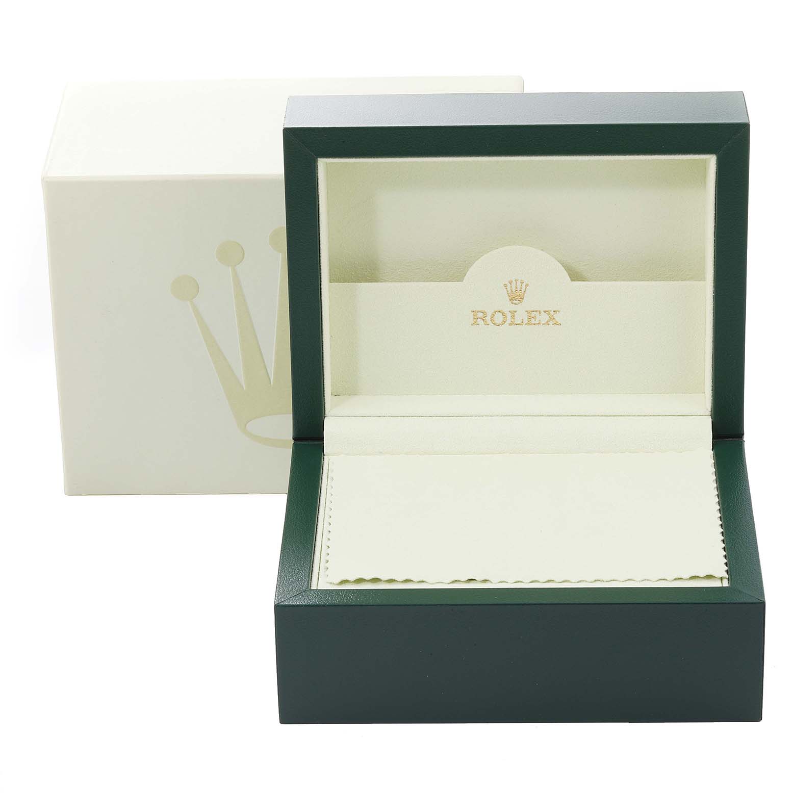 This image shows an open Rolex Datejust 179173 Women's Steel and Gold (two tone) Silver Dial 179173 Women's Steel and Gold (two tone) Silver Dial watch box with its outer packaging prominently displayed.