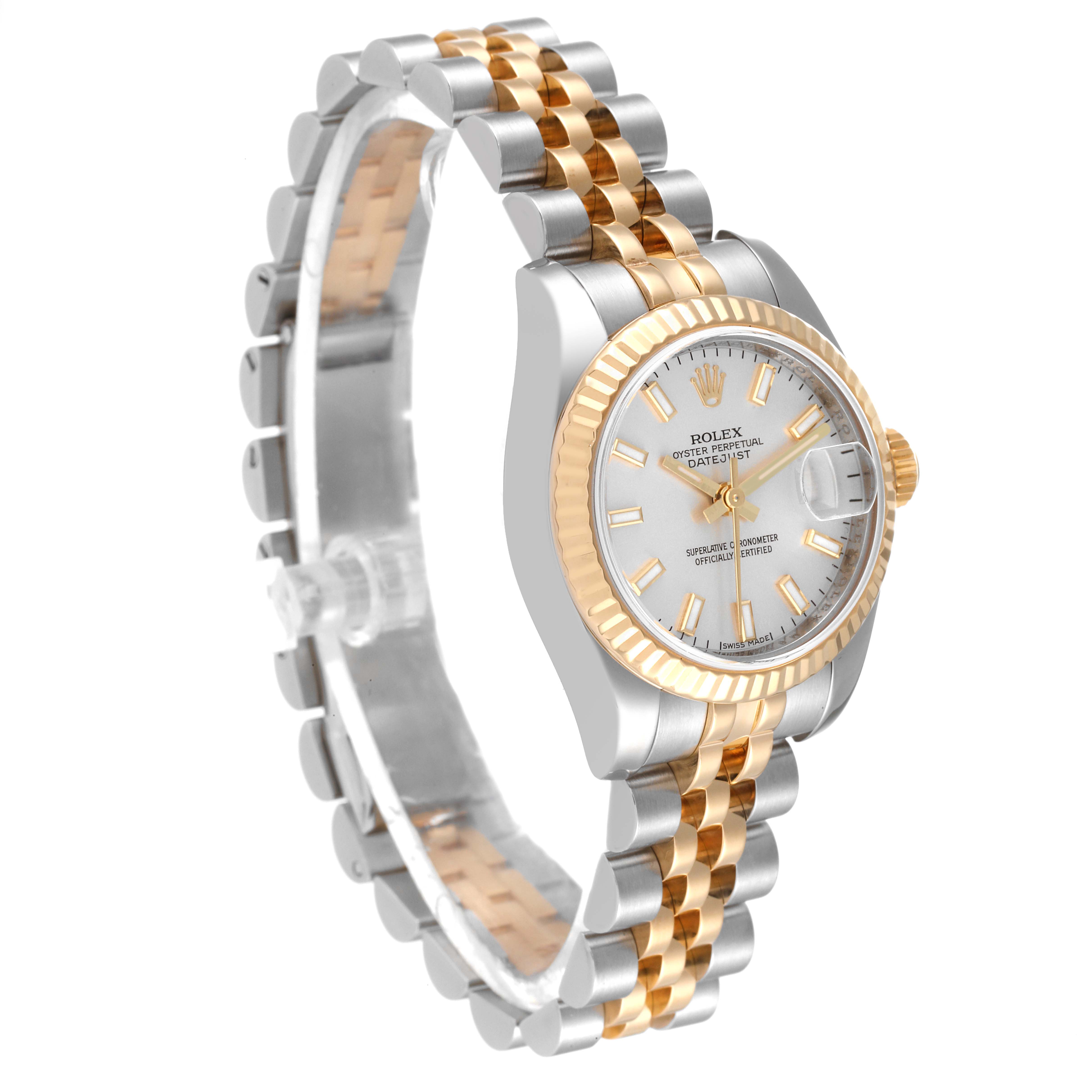 This Rolex Datejust 179173 Women's Steel and Gold (two tone) Silver Dial 179173 Women's Steel and Gold (two tone) Silver Dial watch is shown at a slight angle, displaying the face, bezel, and two-tone bracelet in detail.