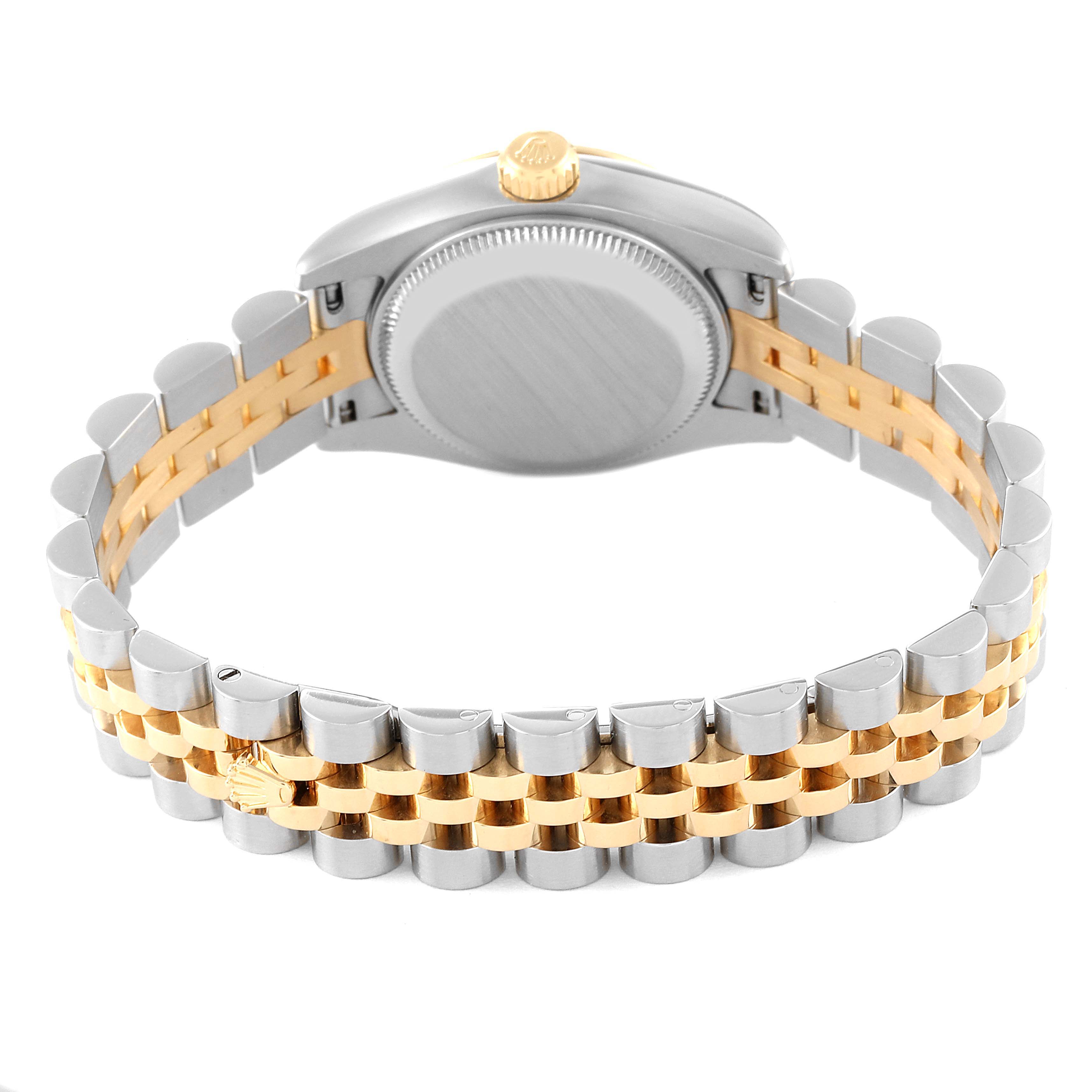 This image shows the backside and bracelet of a Rolex Datejust 179173 Women's Steel and Gold (two tone) Silver Dial 179173 Women's Steel and Gold (two tone) Silver Dial watch, highlighting the two-tone metal design.