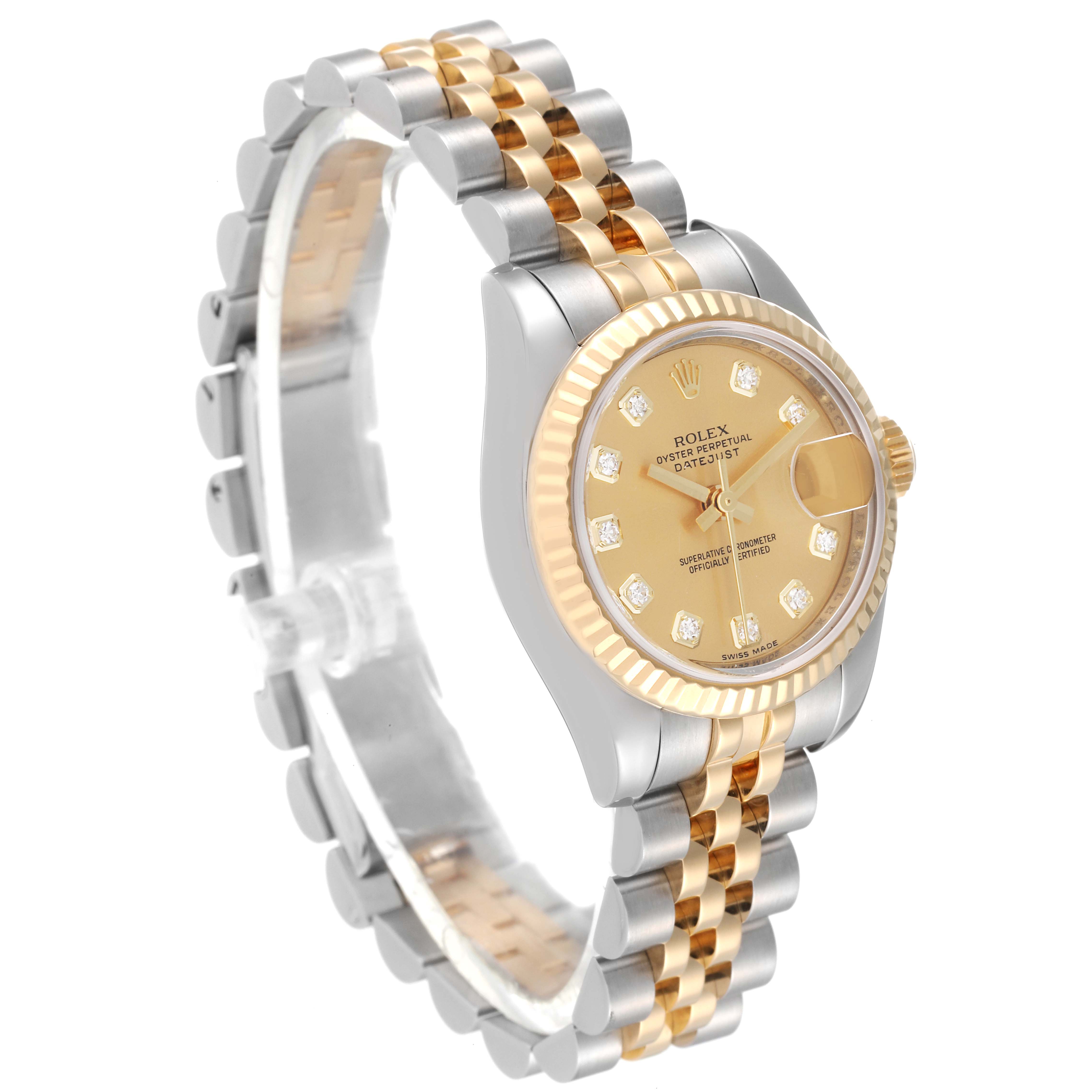 The image shows a side-angle view of the Rolex Datejust 179173 Women's Steel and Gold (two tone) Champagne Dial 179173 Women's Steel and Gold (two tone) Champagne Dial watch, highlighting its two-tone bracelet and the face with diamond hour markers.