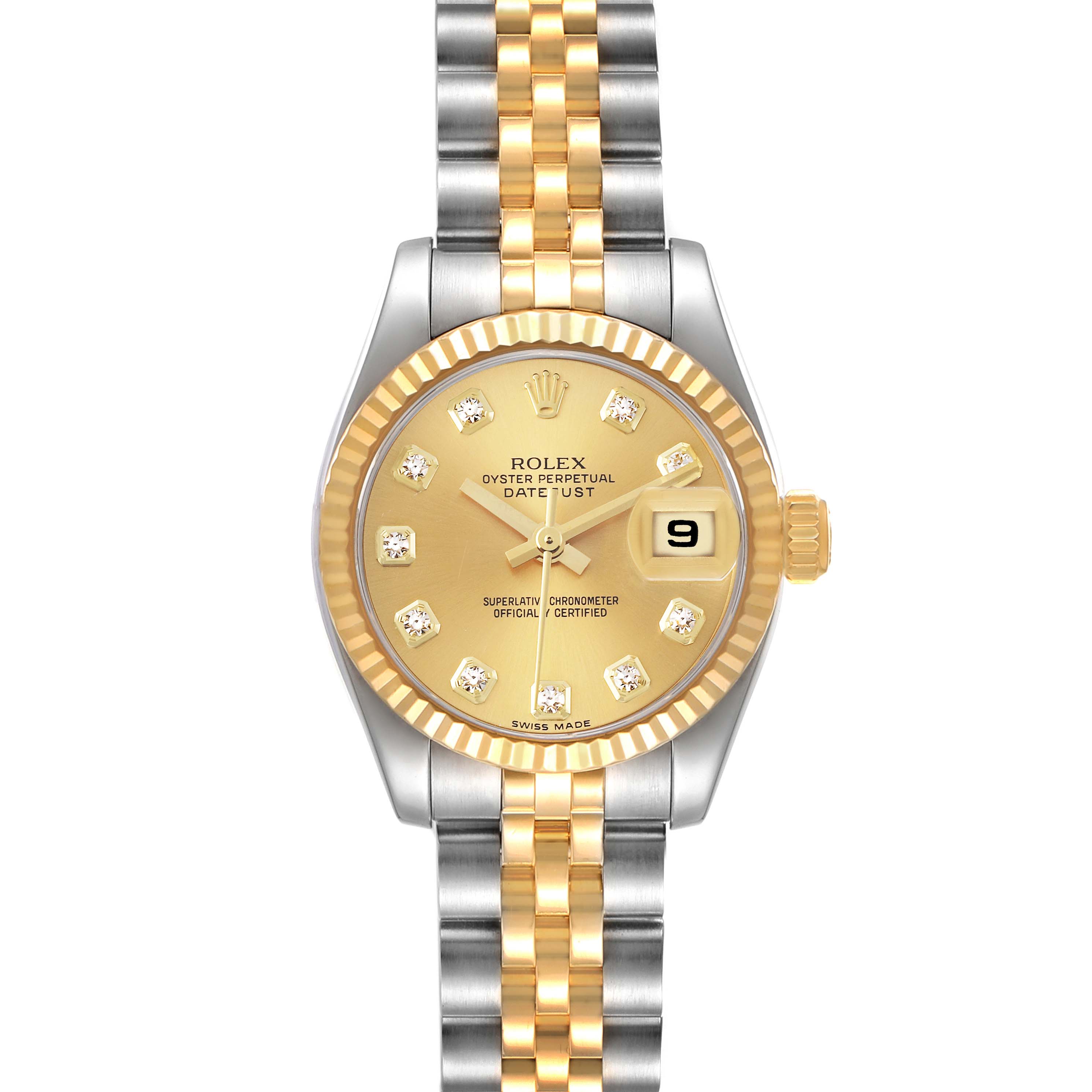 This image shows a frontal view of a Rolex Datejust 179173 Women's Steel and Gold (two tone) Champagne Dial 179173 Women's Steel and Gold (two tone) Champagne Dial watch with a gold dial and two-tone bracelet.