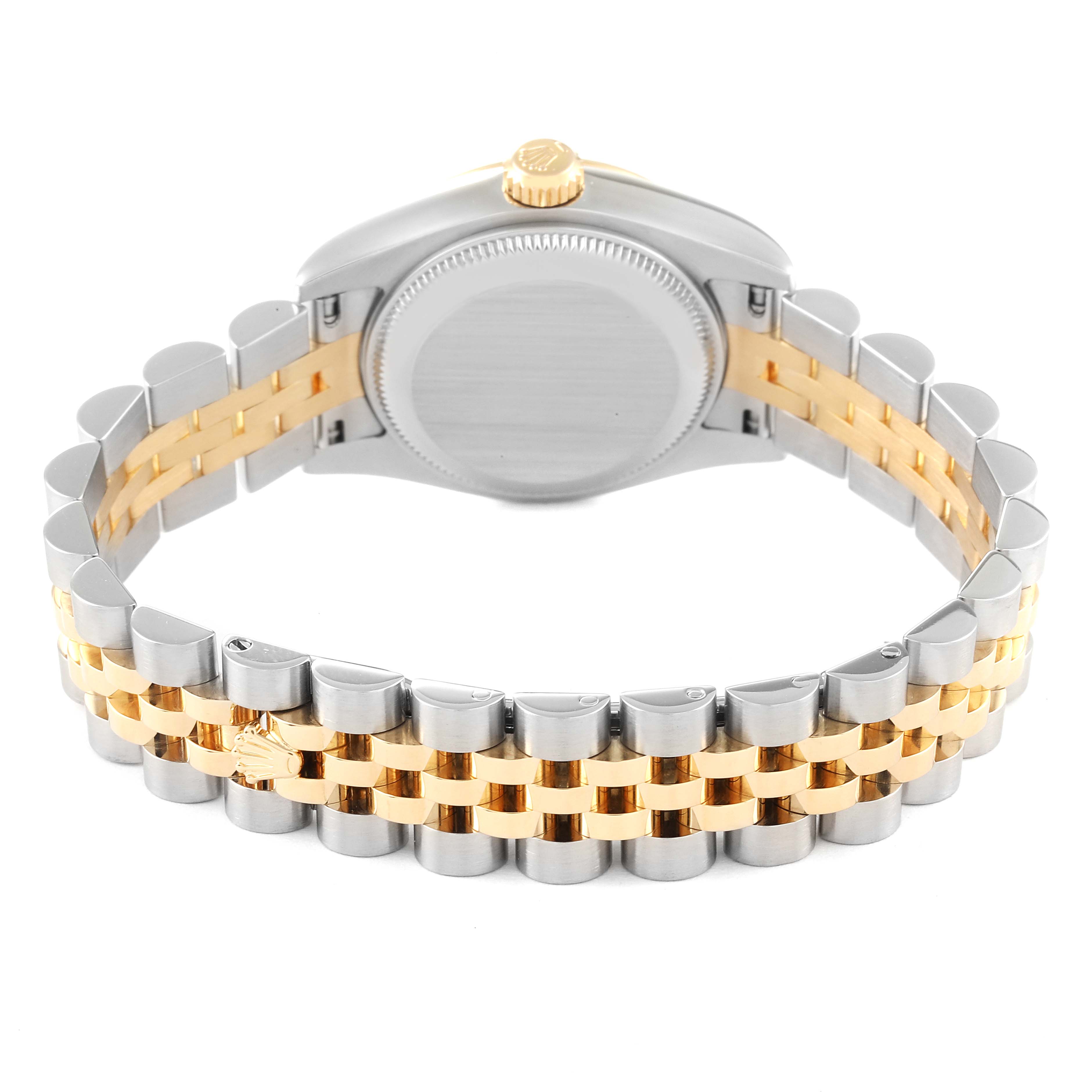 The image shows the back view of a Rolex Datejust 179173 Women's Steel and Gold (two tone) Champagne Dial 179173 Women's Steel and Gold (two tone) Champagne Dial watch, showcasing the bracelet and case back.