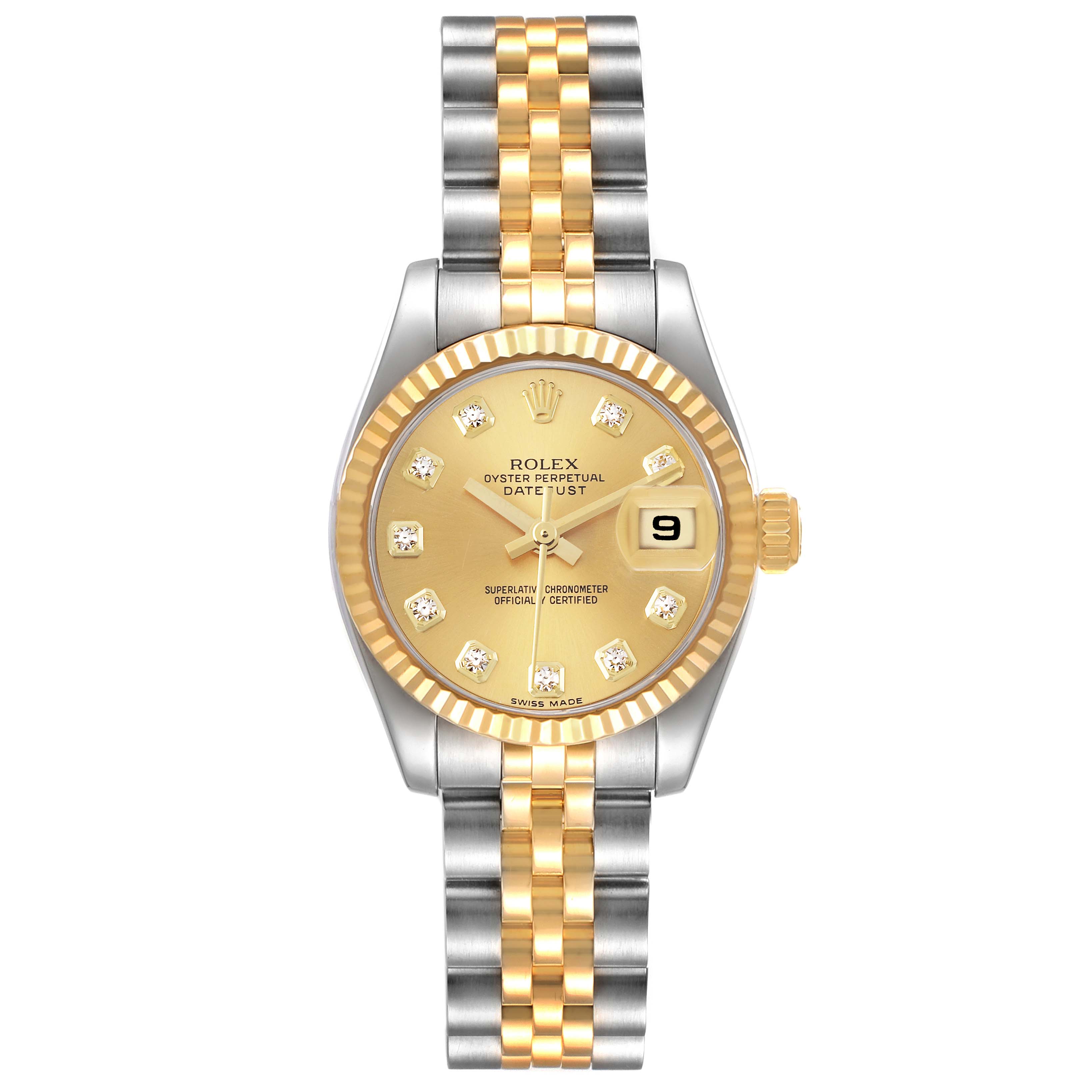 This image shows a front view of a Rolex Datejust 179173 Women's Steel and Gold (two tone) Champagne Dial 179173 Women's Steel and Gold (two tone) Champagne Dial watch, featuring a gold dial, a two-tone bracelet, and a date display at 3 o'clock.