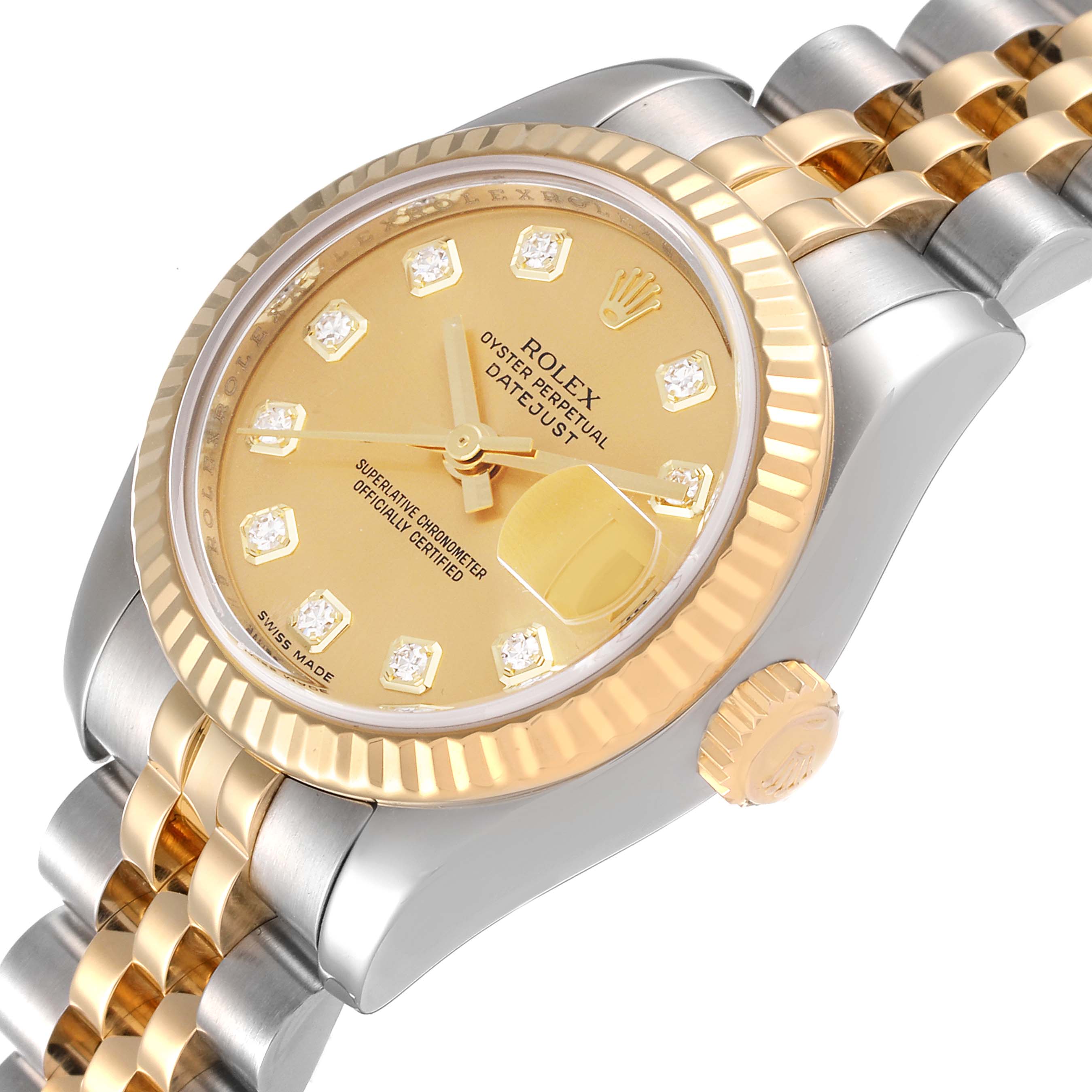 This image shows the face, bezel, crown, and part of the bracelet of a Rolex Datejust 179173 Women's Steel and Gold (two tone) Champagne Dial 179173 Women's Steel and Gold (two tone) Champagne Dial watch at an angled view.