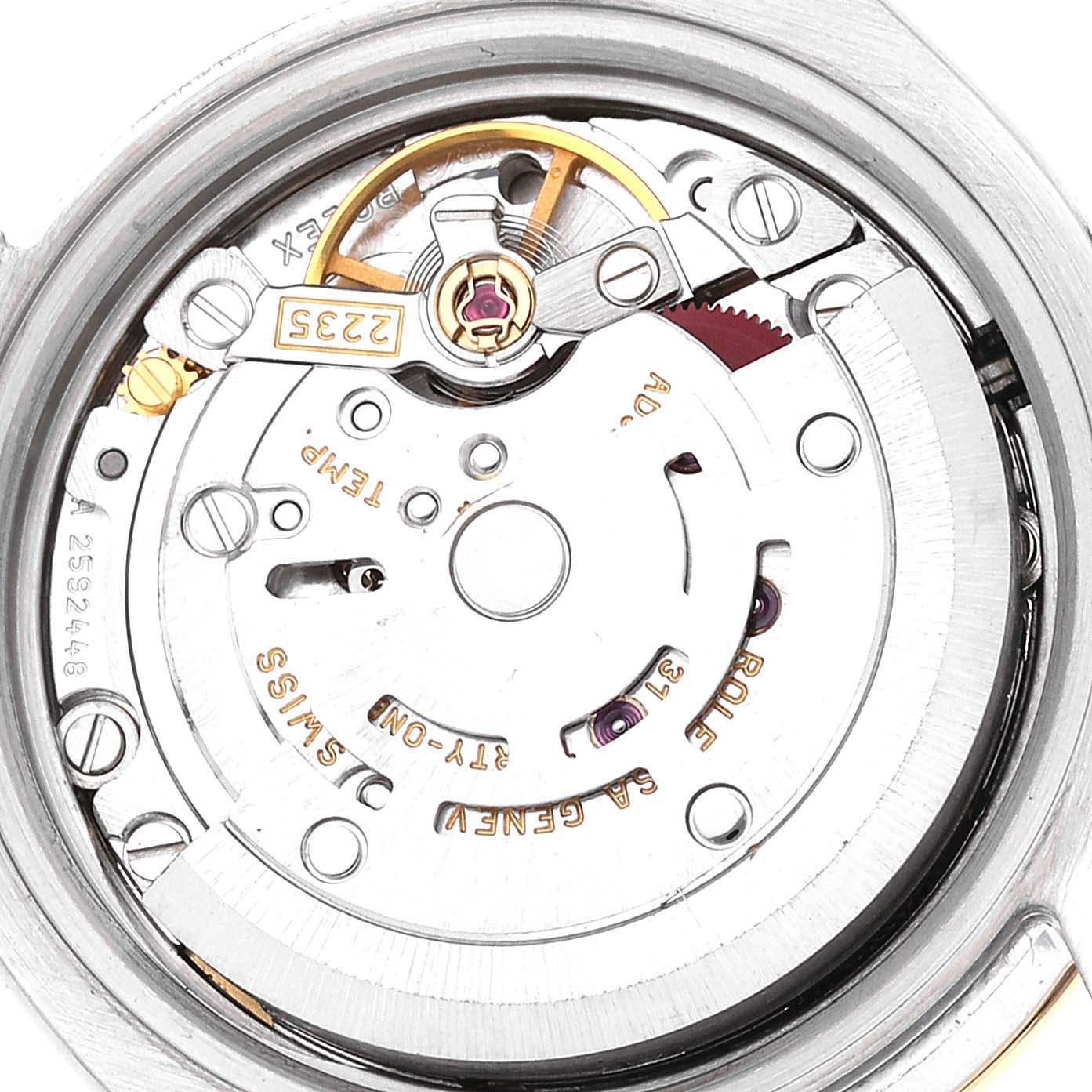 This image shows the movement mechanism of a Rolex Datejust 179173 Women's Steel and Gold (two tone) Champagne Dial 179173 Women's Steel and Gold (two tone) Champagne Dial watch from a top-down angle.