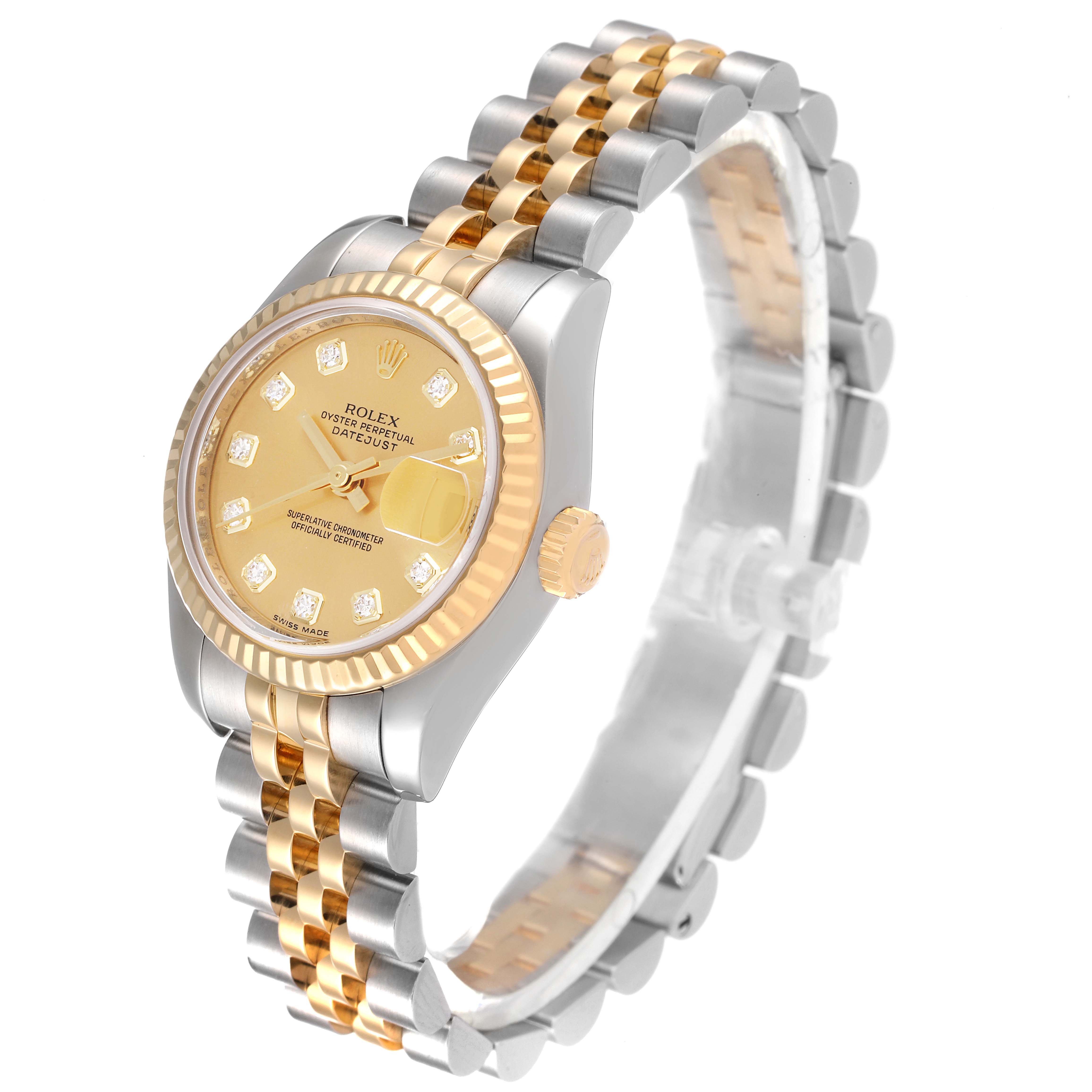 The image shows a Rolex Datejust 179173 Women's Steel and Gold (two tone) Champagne Dial 179173 Women's Steel and Gold (two tone) Champagne Dial watch at a three-quarters angle, highlighting the face, bezel, crown, and two-tone bracelet.