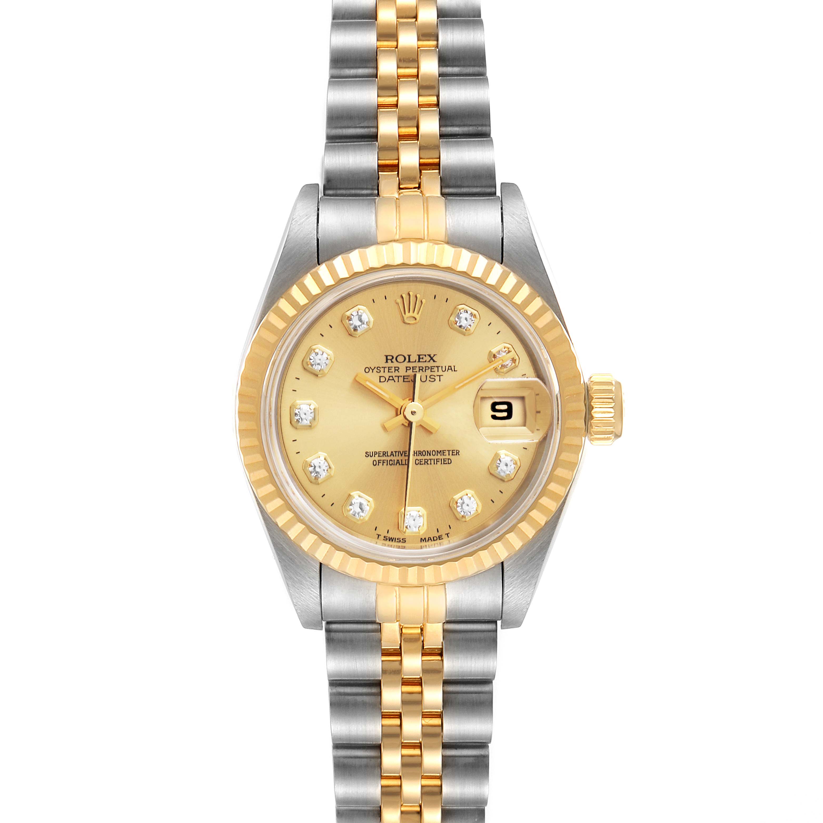 The image shows a front view of a Rolex Datejust 69173 Women's Steel and Gold (two tone) Champagne Dial 69173 Women's Steel and Gold (two tone) Champagne Dial watch, highlighting the dial, bezel, bracelet, and date window.