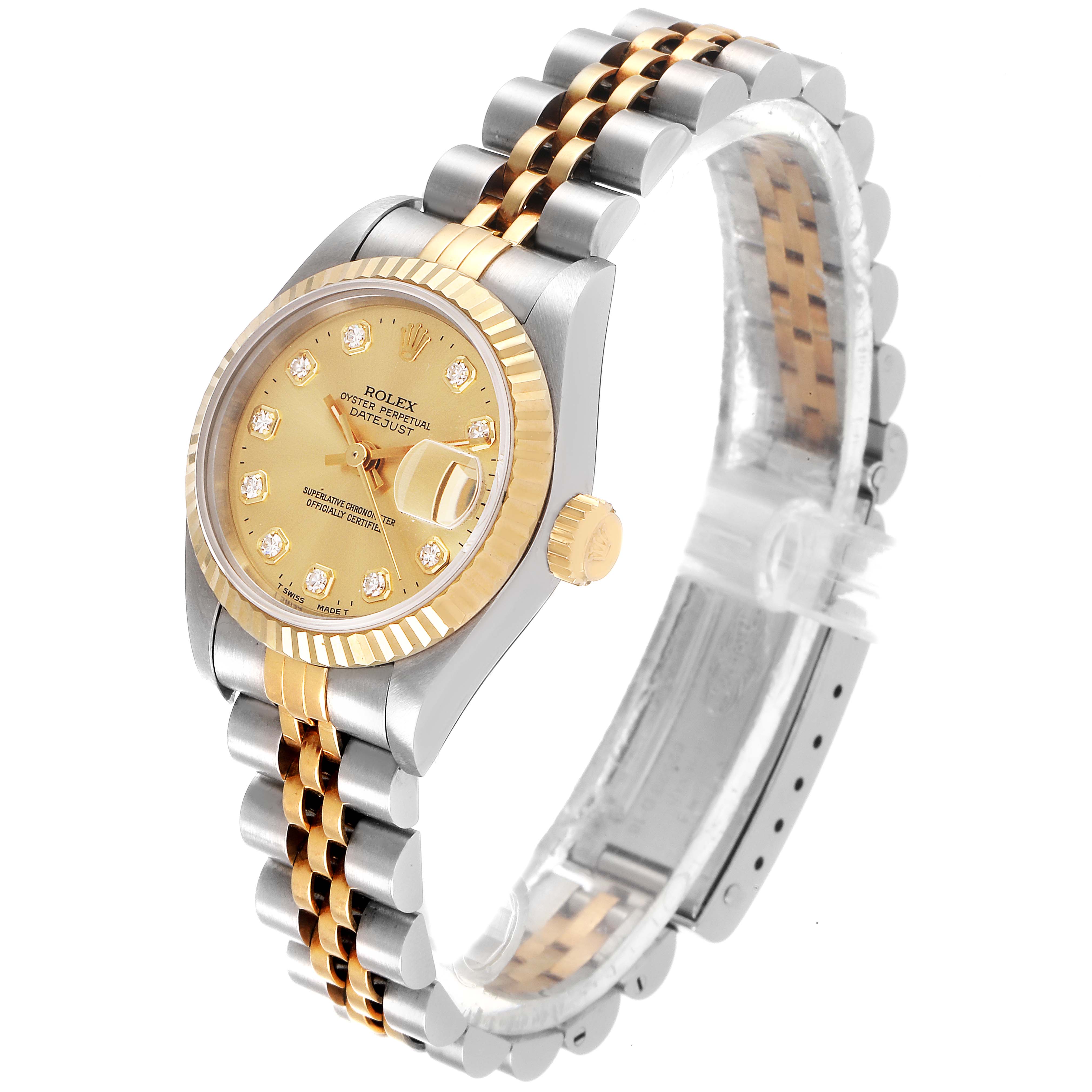 This image shows the Rolex Datejust 69173 Women's Steel and Gold (two tone) Champagne Dial 69173 Women's Steel and Gold (two tone) Champagne Dial watch at a three-quarter angle, highlighting the dial, bezel, crown, and bracelet.