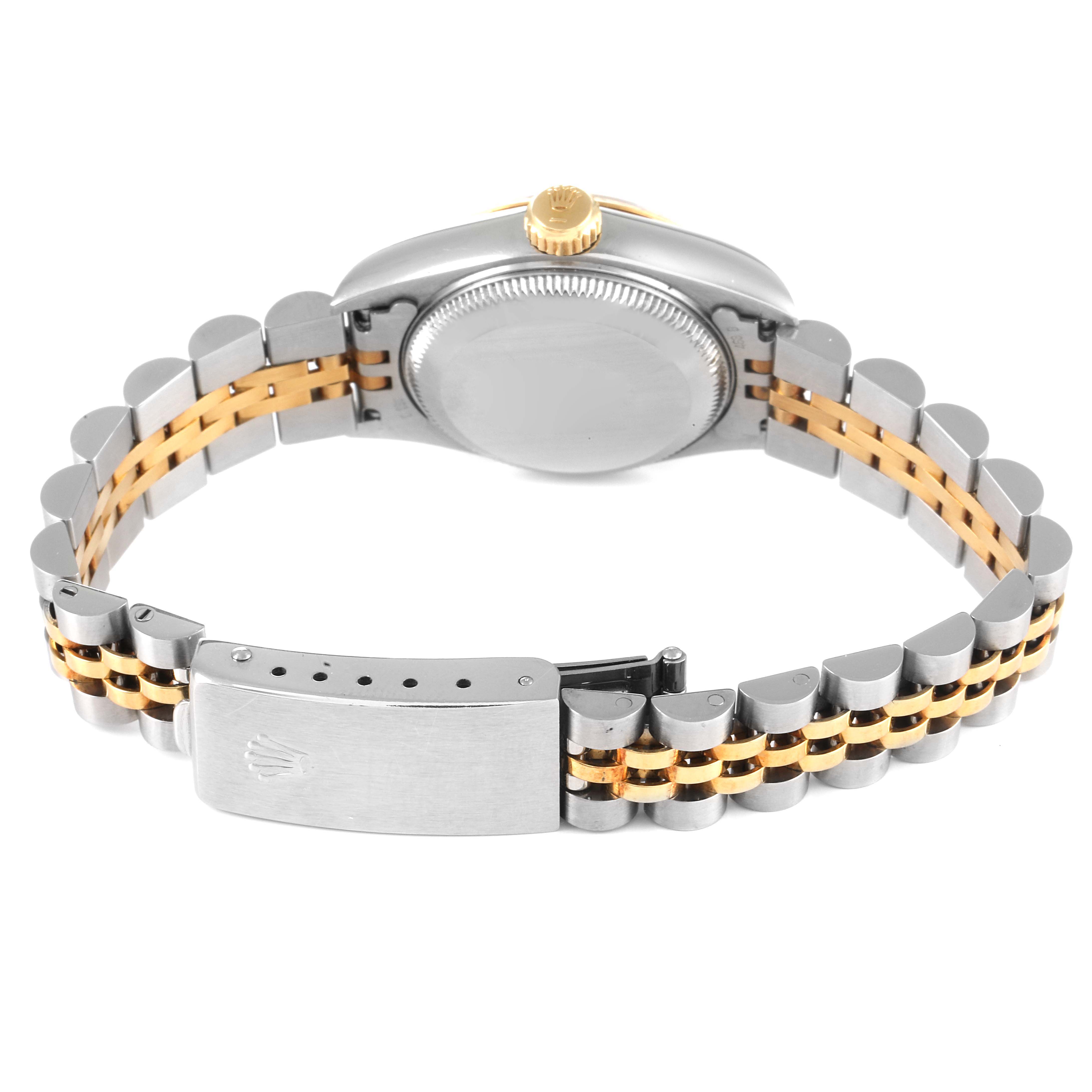This image shows the back of a Rolex Datejust 69173 Women's Steel and Gold (two tone) Champagne Dial 69173 Women's Steel and Gold (two tone) Champagne Dial watch, including the case back, crown, and two-tone bracelet with clasp.