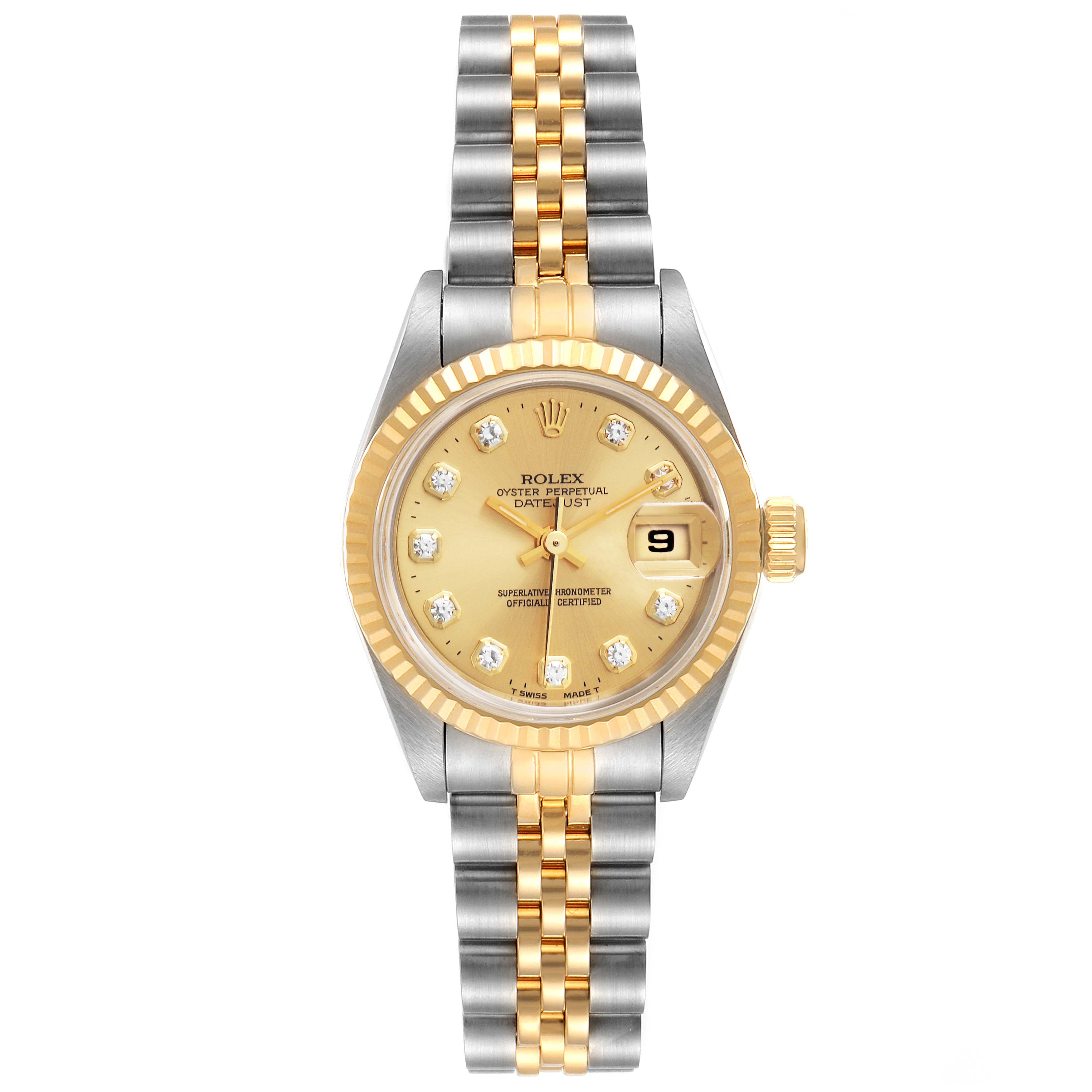 This image shows a front view of a Rolex Datejust 69173 Women's Steel and Gold (two tone) Champagne Dial 69173 Women's Steel and Gold (two tone) Champagne Dial watch featuring a two-tone bracelet, gold fluted bezel, and a champagne dial with diamond hour markers.