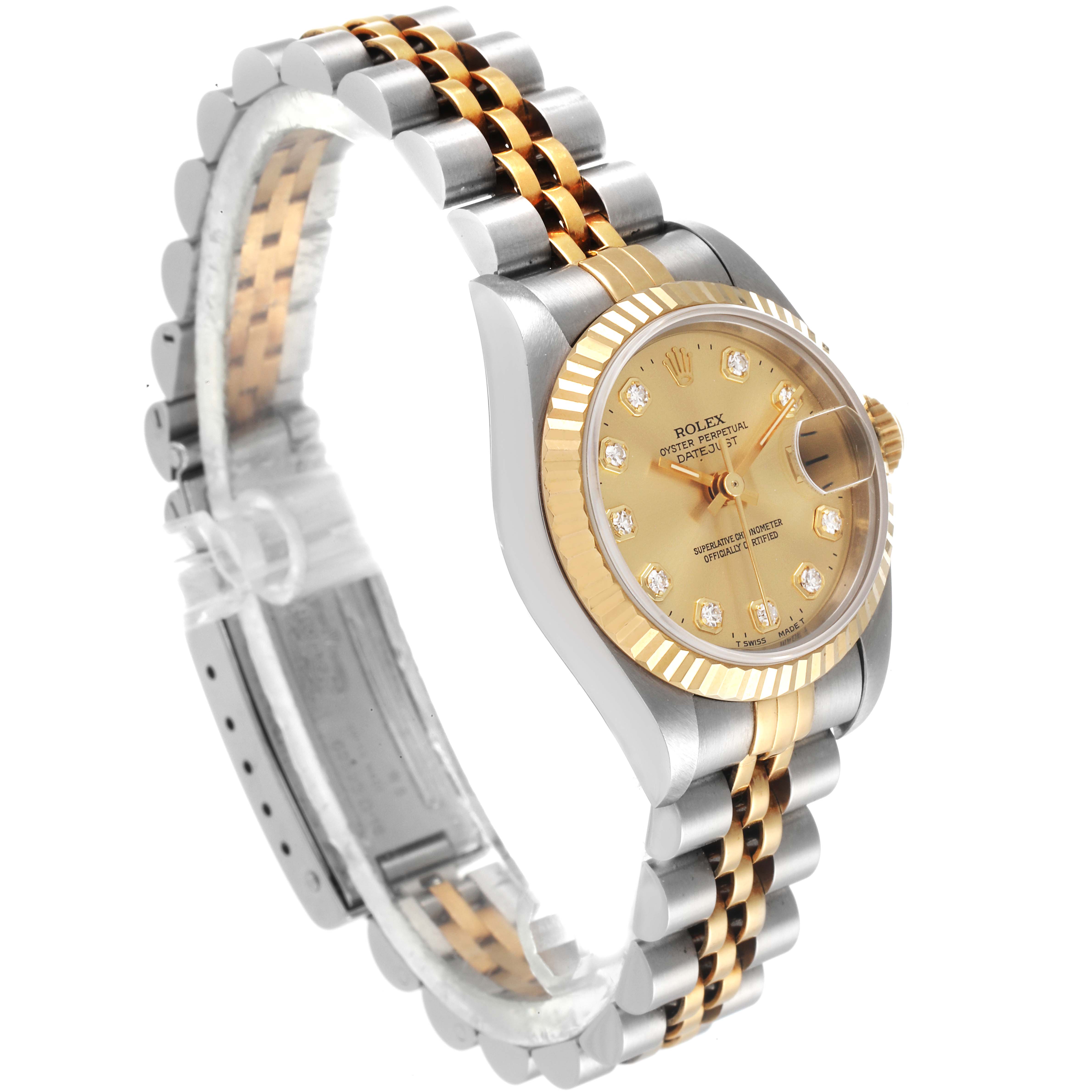 The image shows a side angle view of a Rolex Datejust 69173 Women's Steel and Gold (two tone) Champagne Dial 69173 Women's Steel and Gold (two tone) Champagne Dial, highlighting the gold and silver jubilee bracelet and gold dial bezel.