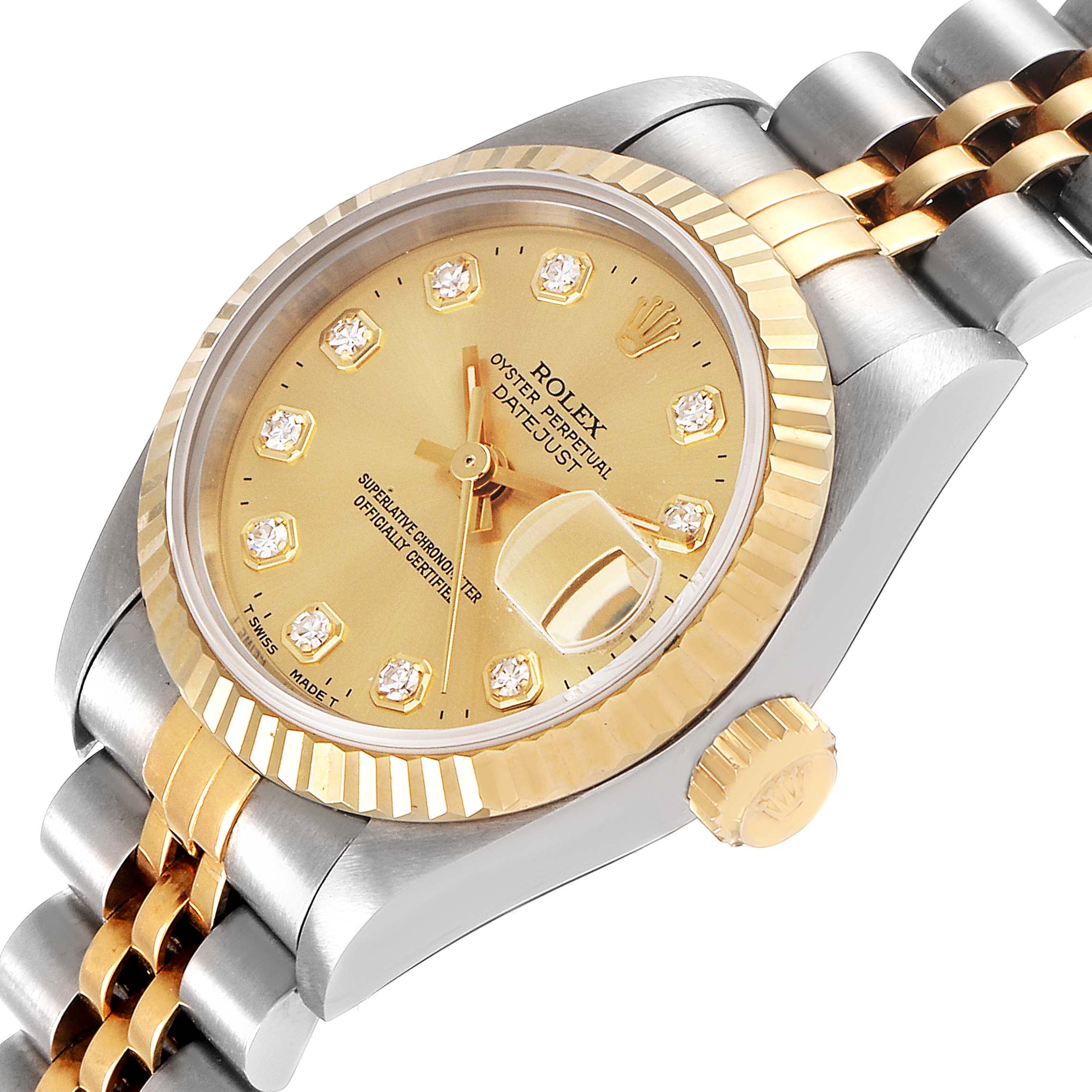 This image shows a close-up angle of a Rolex Datejust 69173 Women's Steel and Gold (two tone) Champagne Dial 69173 Women's Steel and Gold (two tone) Champagne Dial watch displaying the dial, bezel, crown, and part of the bracelet.