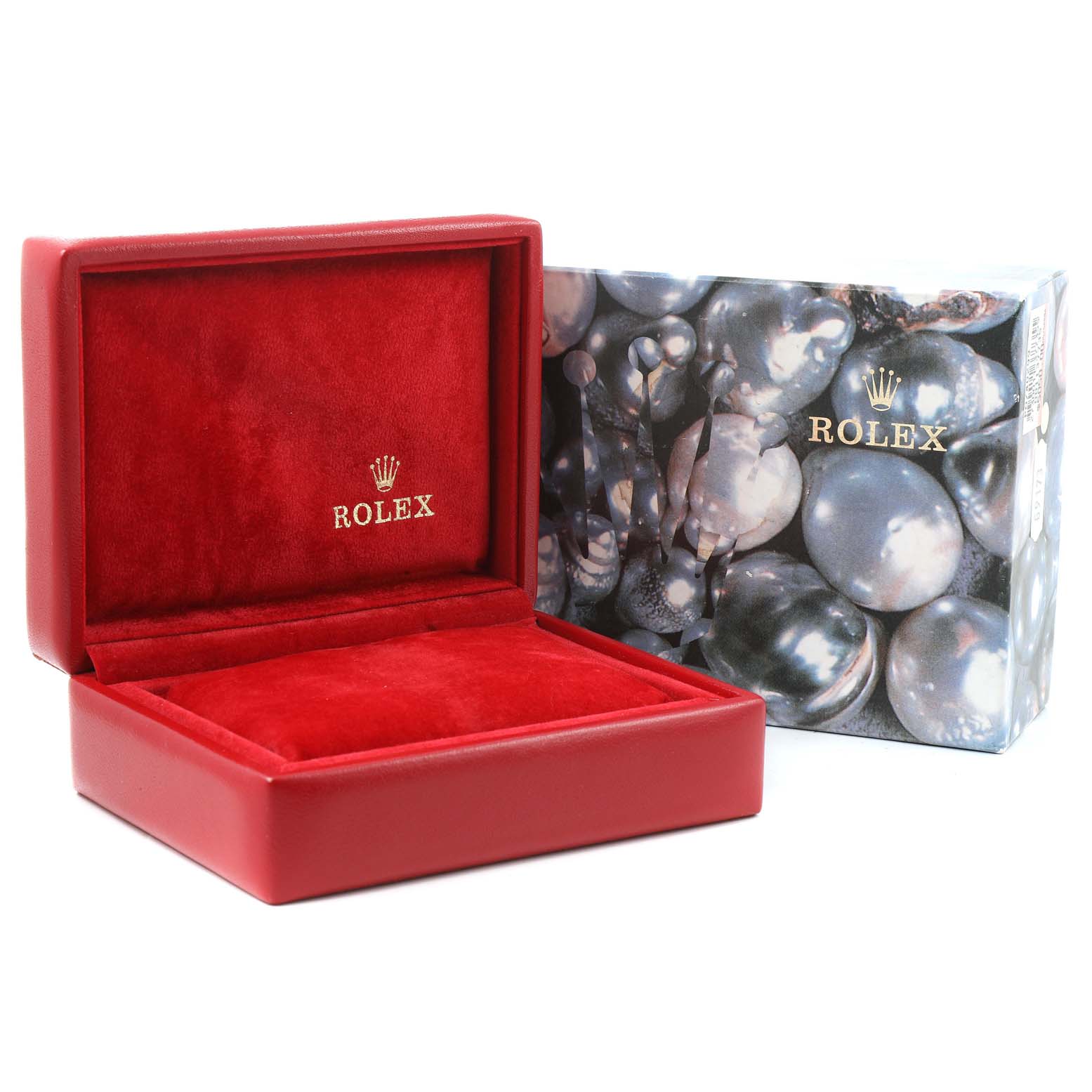 The image shows an empty Rolex Datejust 69173 Women's Steel and Gold (two tone) Champagne Dial 69173 Women's Steel and Gold (two tone) Champagne Dial watch box and packaging from a front angle.