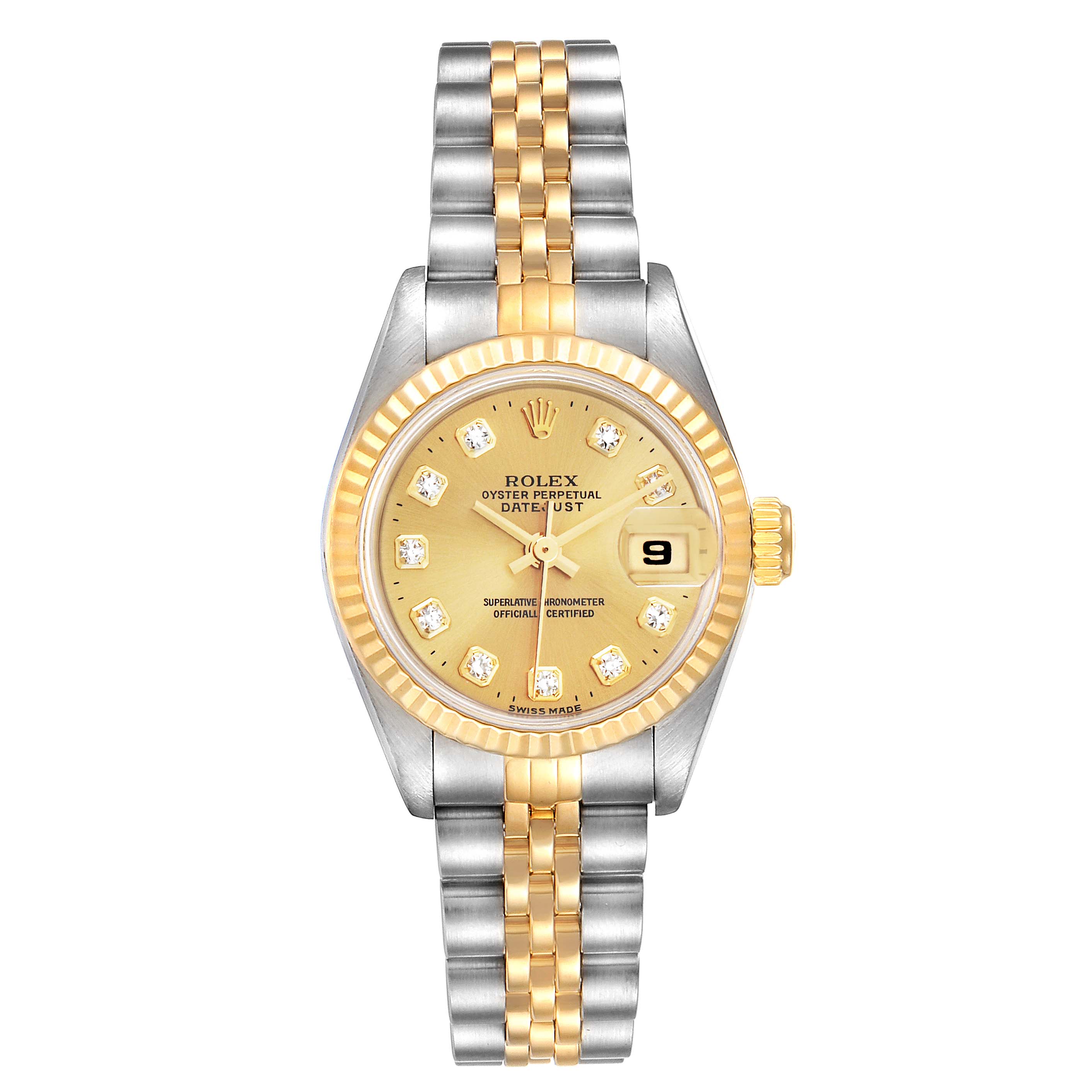 This image shows a front view of a Rolex Datejust 69173 Women's Steel and Gold (two tone) Champagne Dial 69173 Women's Steel and Gold (two tone) Champagne Dial watch, highlighting its face, bezel, and two-tone bracelet.