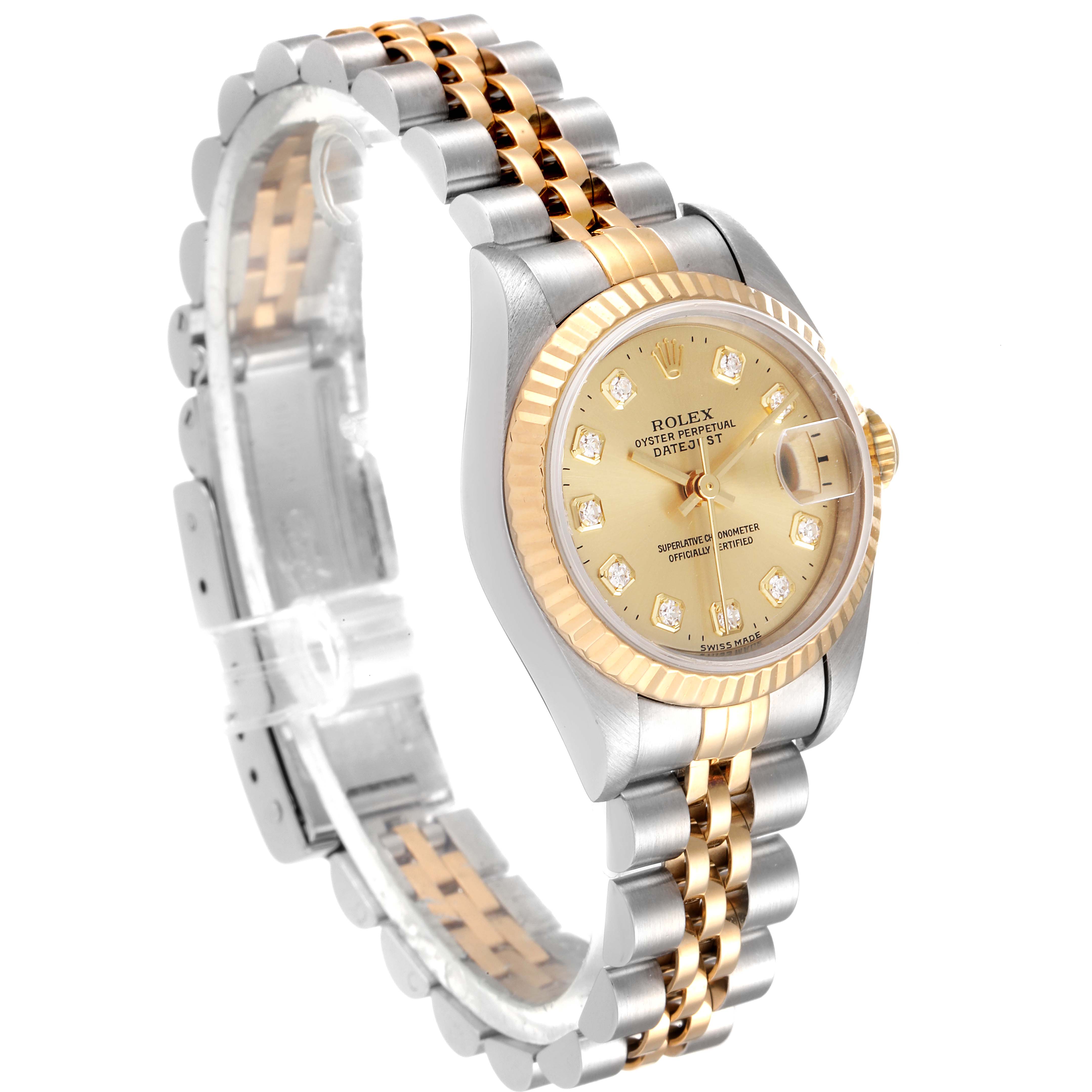 The Rolex Datejust 69173 Women's Steel and Gold (two tone) Champagne Dial 69173 Women's Steel and Gold (two tone) Champagne Dial model is shown at an angle highlighting the dial, bezel, and two-tone bracelet.