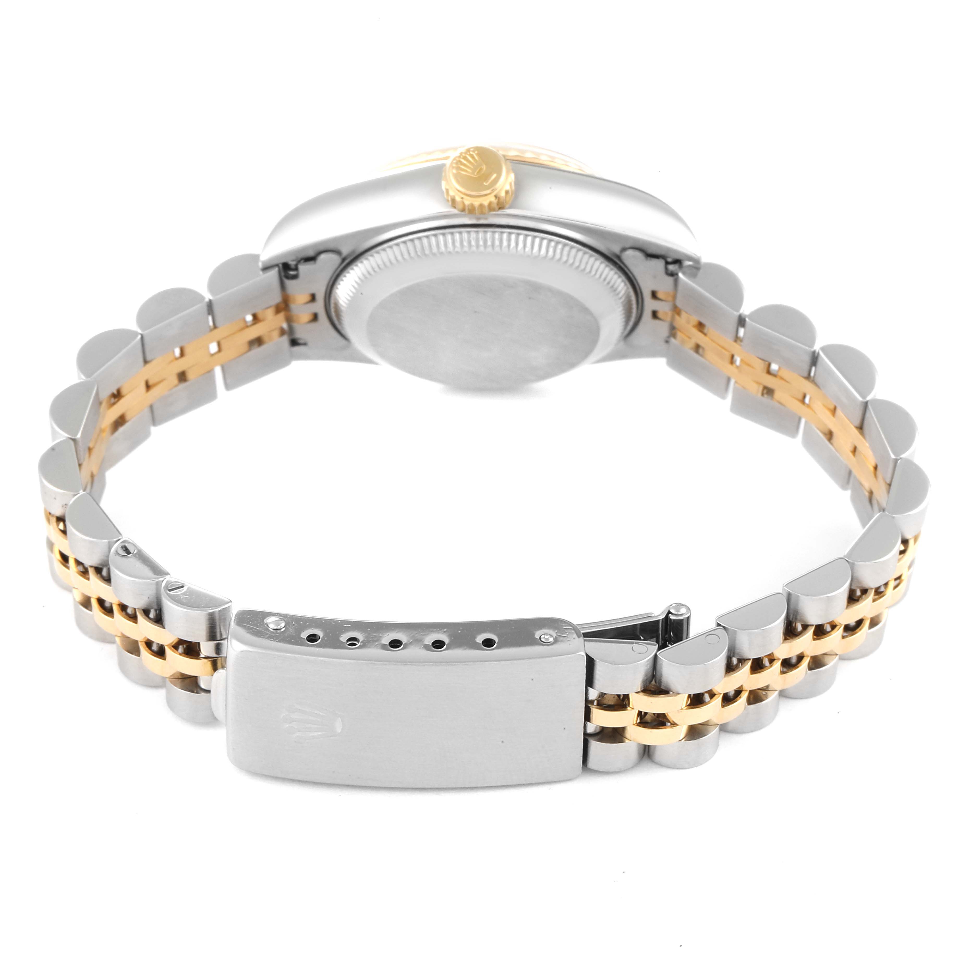 This image shows the back view of the Rolex Datejust 69173 Women's Steel and Gold (two tone) Champagne Dial 69173 Women's Steel and Gold (two tone) Champagne Dial watch, including the bracelet, clasp, and crown.