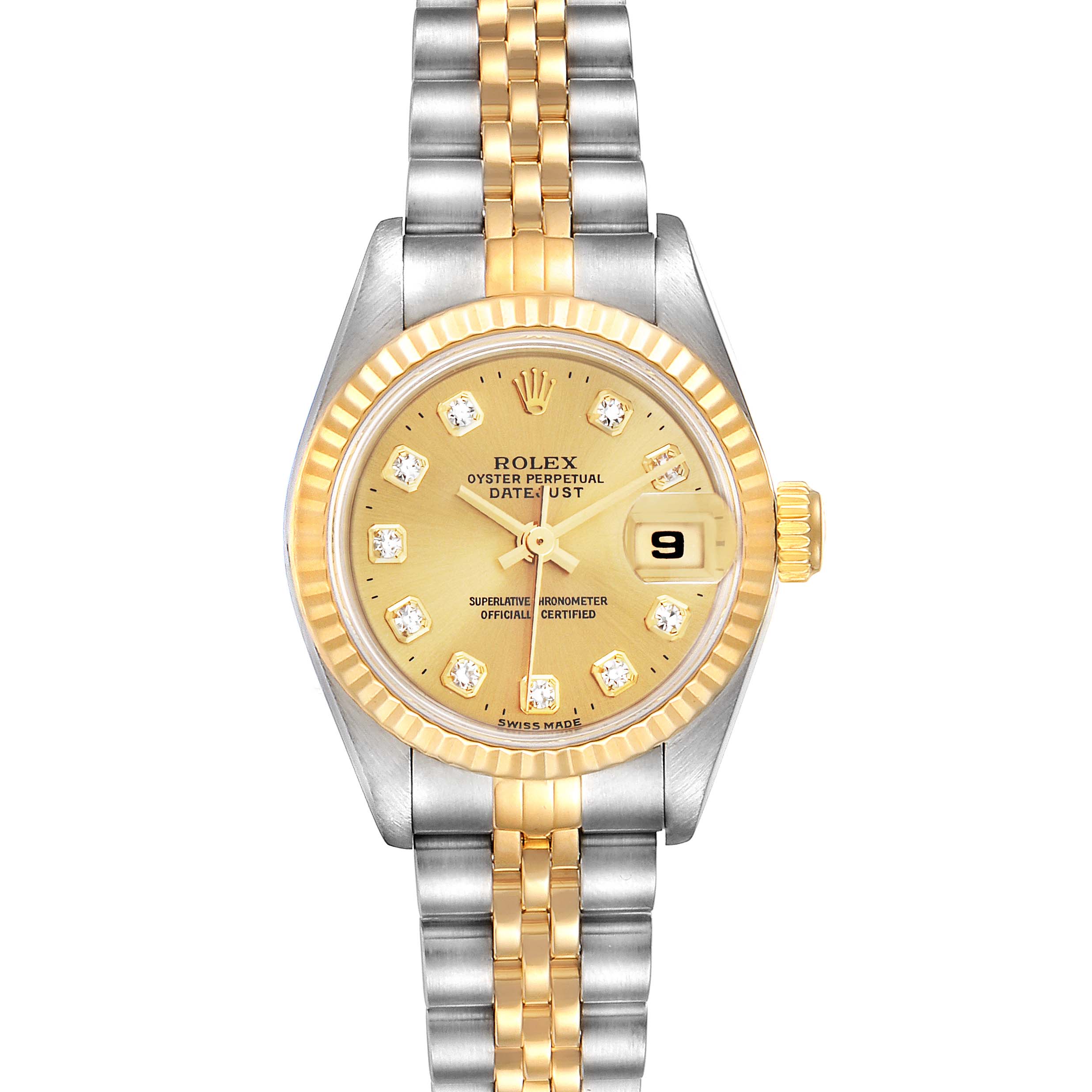 The image shows a front view of a Rolex Datejust 69173 Women's Steel and Gold (two tone) Champagne Dial 69173 Women's Steel and Gold (two tone) Champagne Dial watch, highlighting its two-tone bracelet, gold dial, and diamond hour markers.