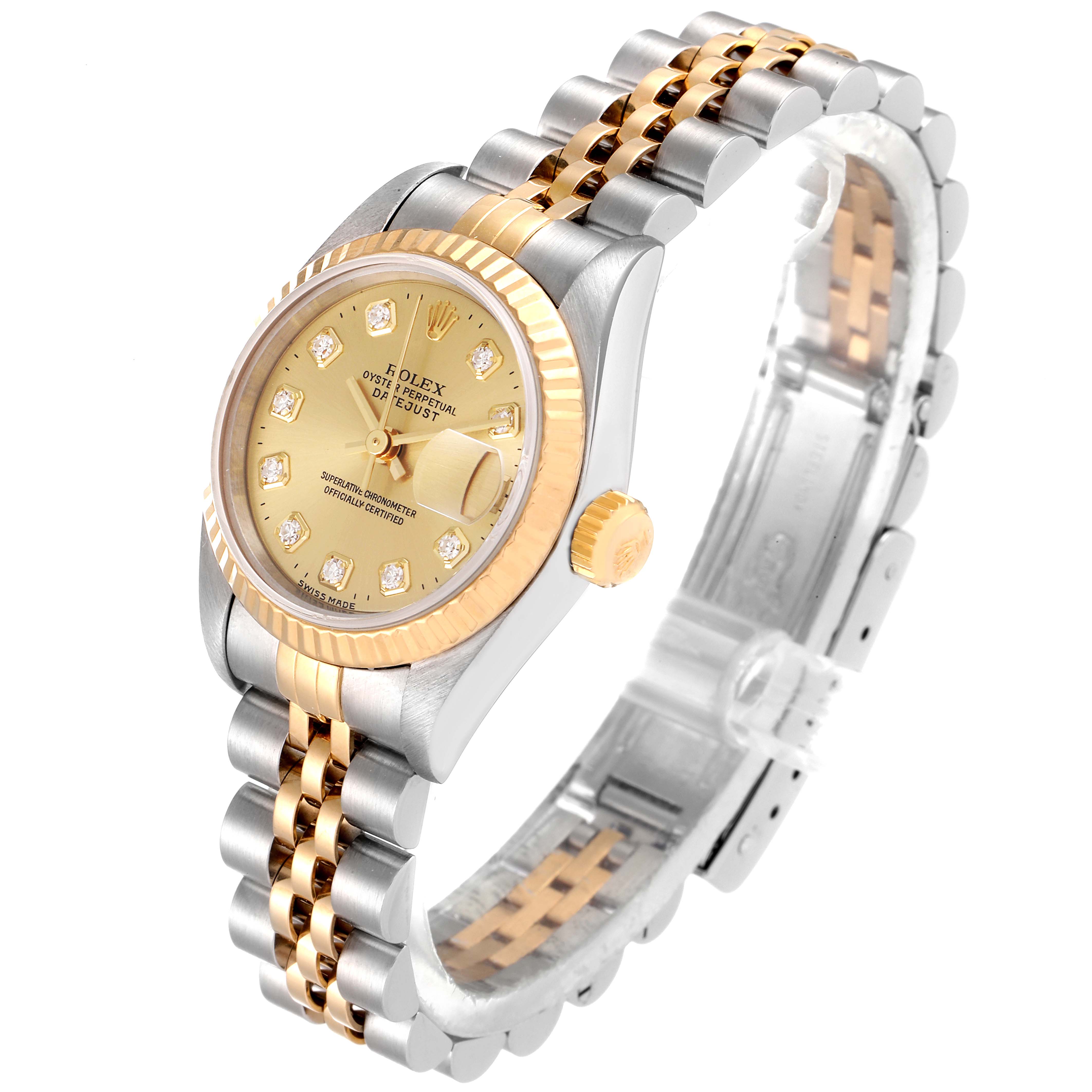 The image shows a Rolex Datejust 69173 Women's Steel and Gold (two tone) Champagne Dial 69173 Women's Steel and Gold (two tone) Champagne Dial watch at a three-quarter angle displaying its gold dial, two-tone bracelet, and fluted bezel.
