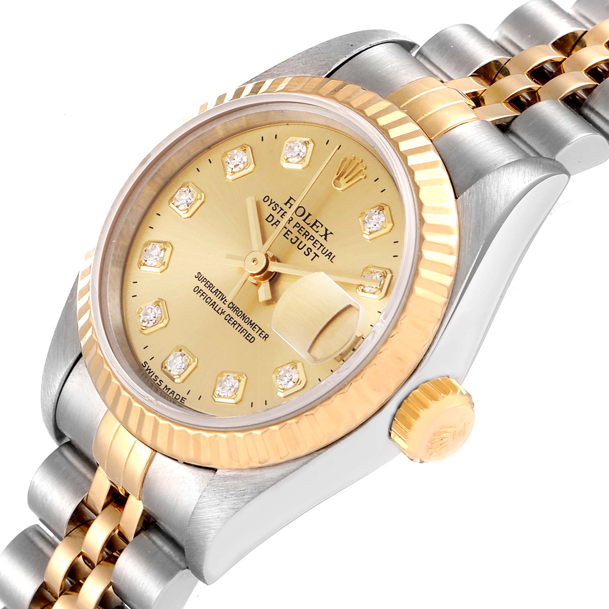 The Rolex Datejust 69173 Women's Steel and Gold (two tone) Champagne Dial 69173 Women's Steel and Gold (two tone) Champagne Dial watch is shown at an angled top-down view, highlighting the dial, crown, bezel, and bracelet.