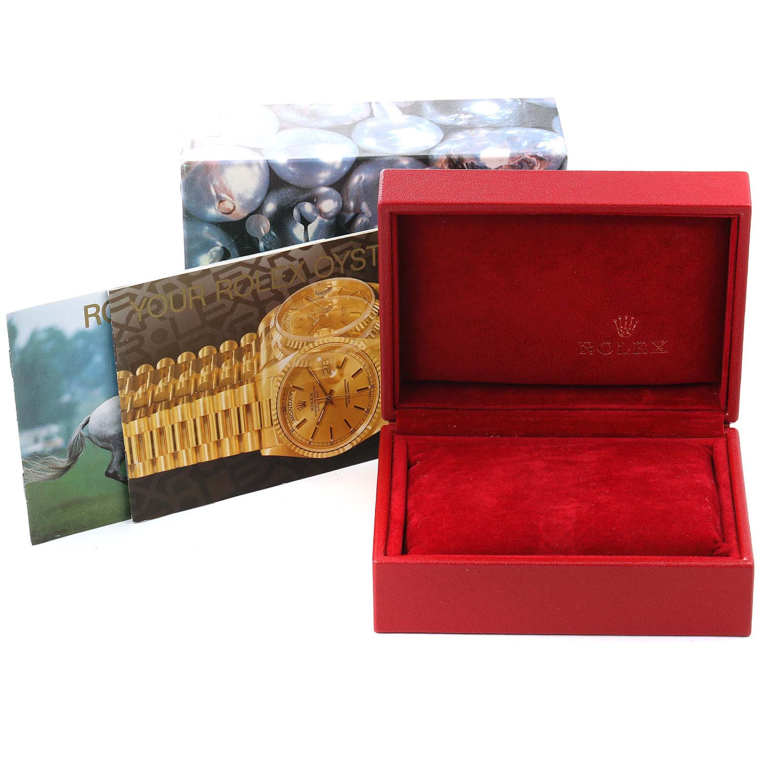 The image shows the packaging, manuals, and an empty display box for a Rolex Datejust 69173 Women's Steel and Gold (two tone) Champagne Dial 69173 Women's Steel and Gold (two tone) Champagne Dial watch.