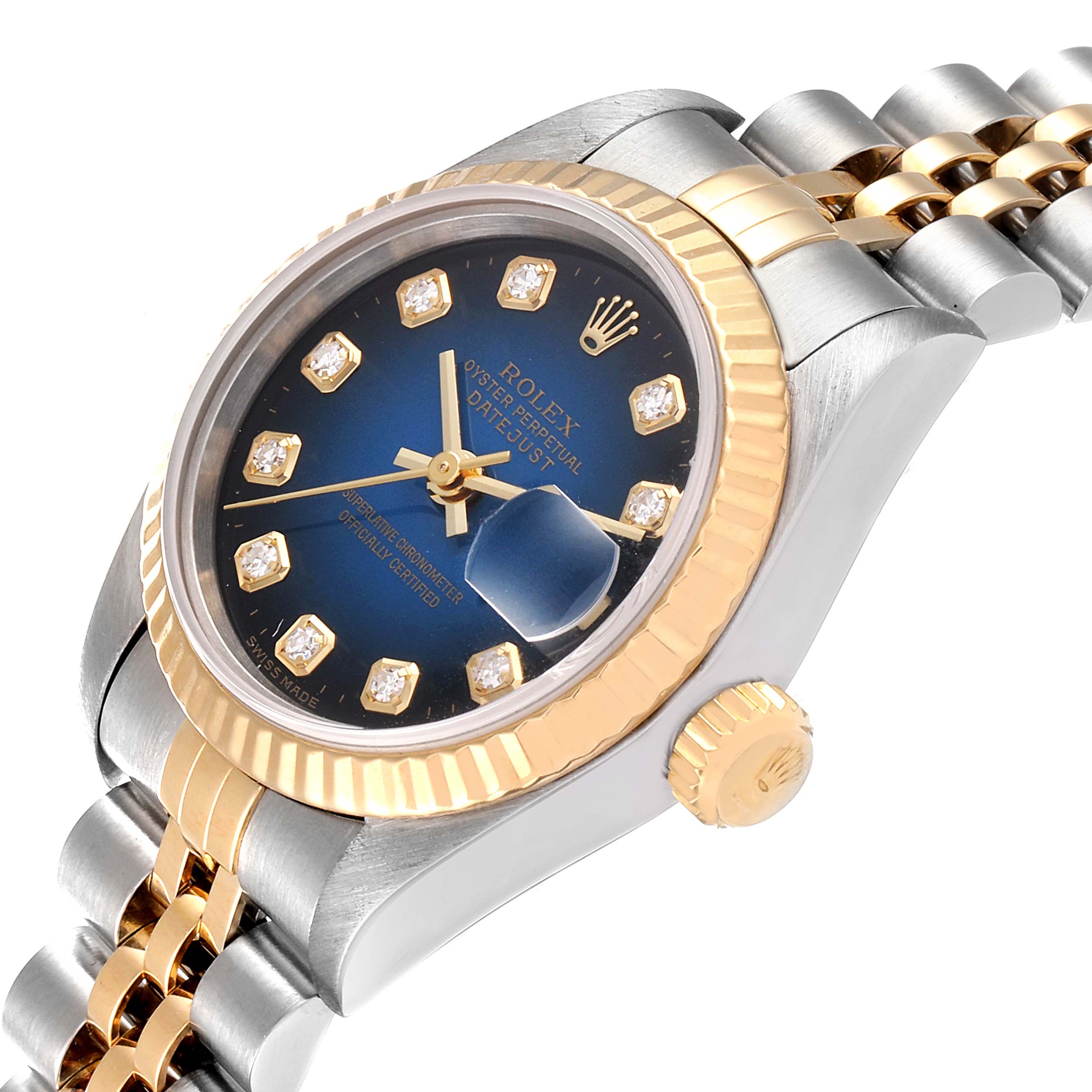 The image shows a side angle of a Rolex Datejust 69173 Women's Steel and Gold (two tone) Blue Dial 69173 Women's Steel and Gold (two tone) Blue Dial watch, highlighting the dial, bezel, crown, and part of the bracelet.