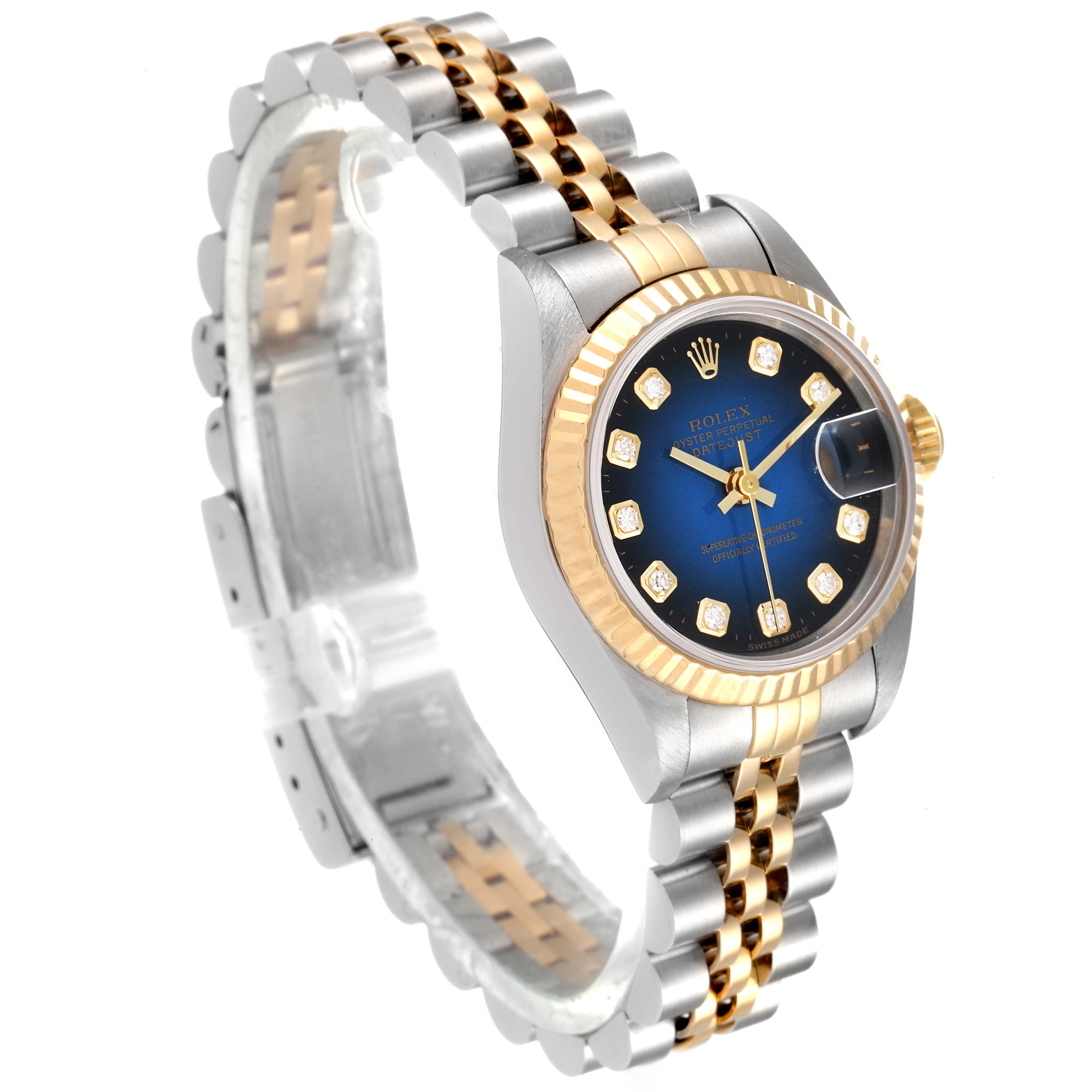 This image shows a Rolex Datejust 69173 Women's Steel and Gold (two tone) Blue Dial 69173 Women's Steel and Gold (two tone) Blue Dial watch at an angled view, displaying the dial, bezel, and part of the bracelet.