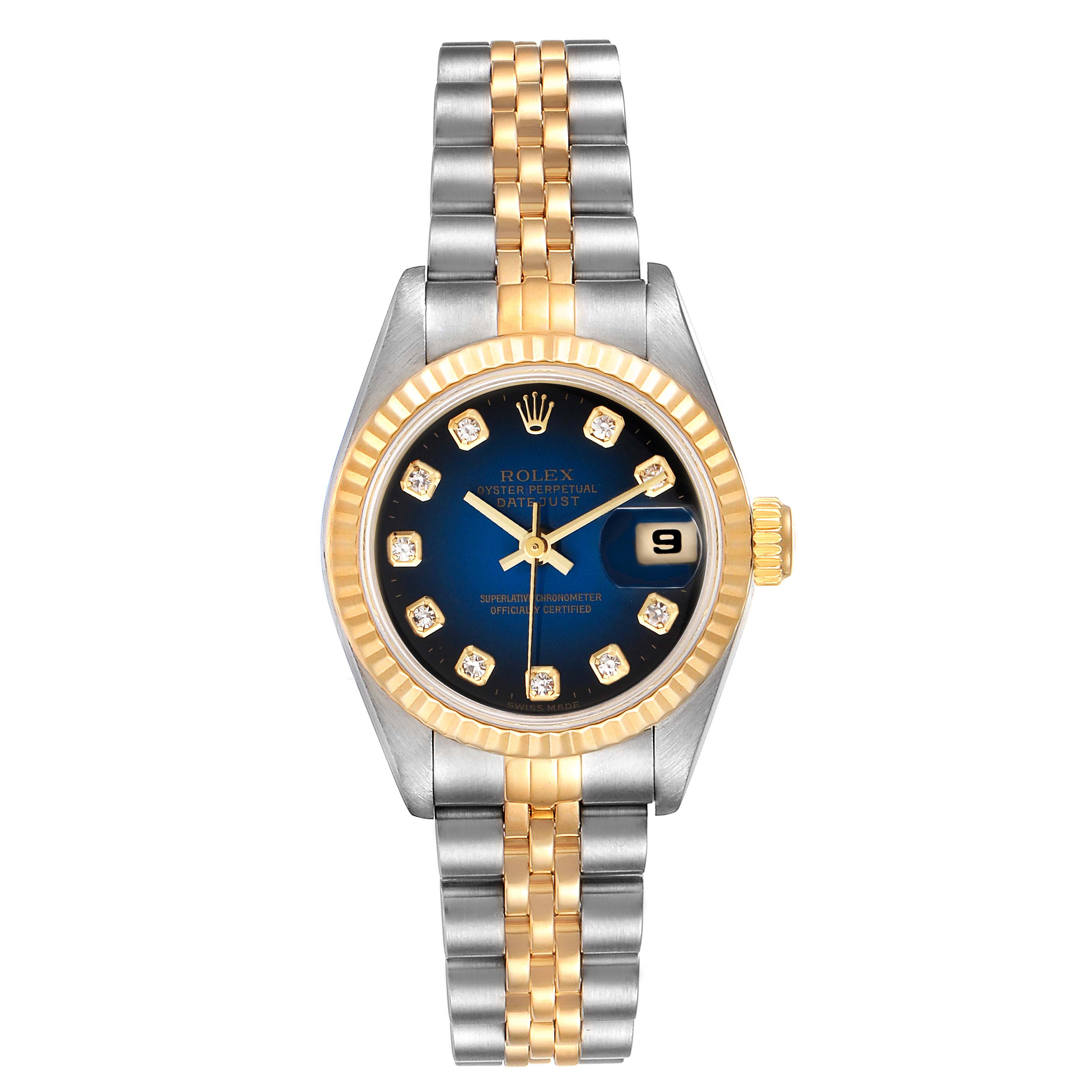 The image shows a front view of a Rolex Datejust 69173 Women's Steel and Gold (two tone) Blue Dial 69173 Women's Steel and Gold (two tone) Blue Dial watch, displaying the dial, bezel, and bracelet.
