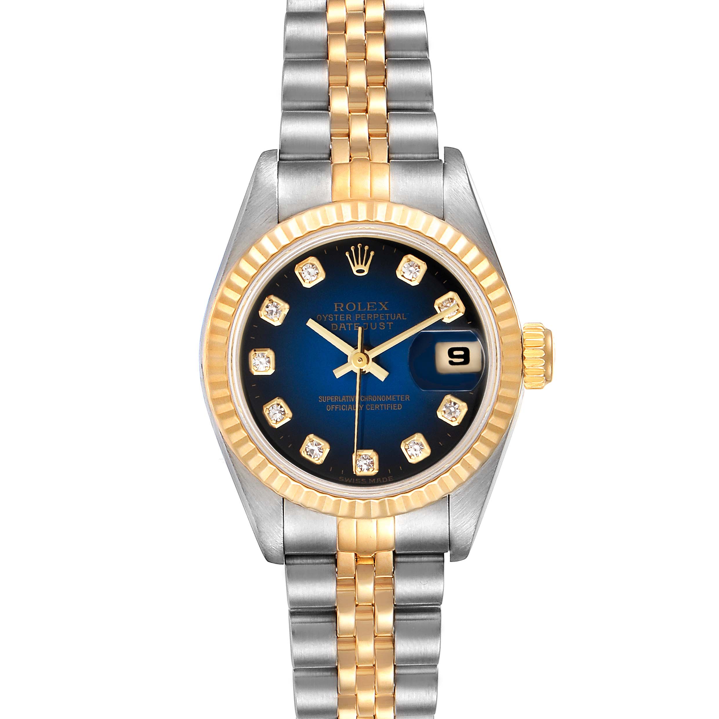 The Rolex Datejust 69173 Women's Steel and Gold (two tone) Blue Dial 69173 Women's Steel and Gold (two tone) Blue Dial watch is shown from a front angle, displaying the face, bezel, case, and bracelet.