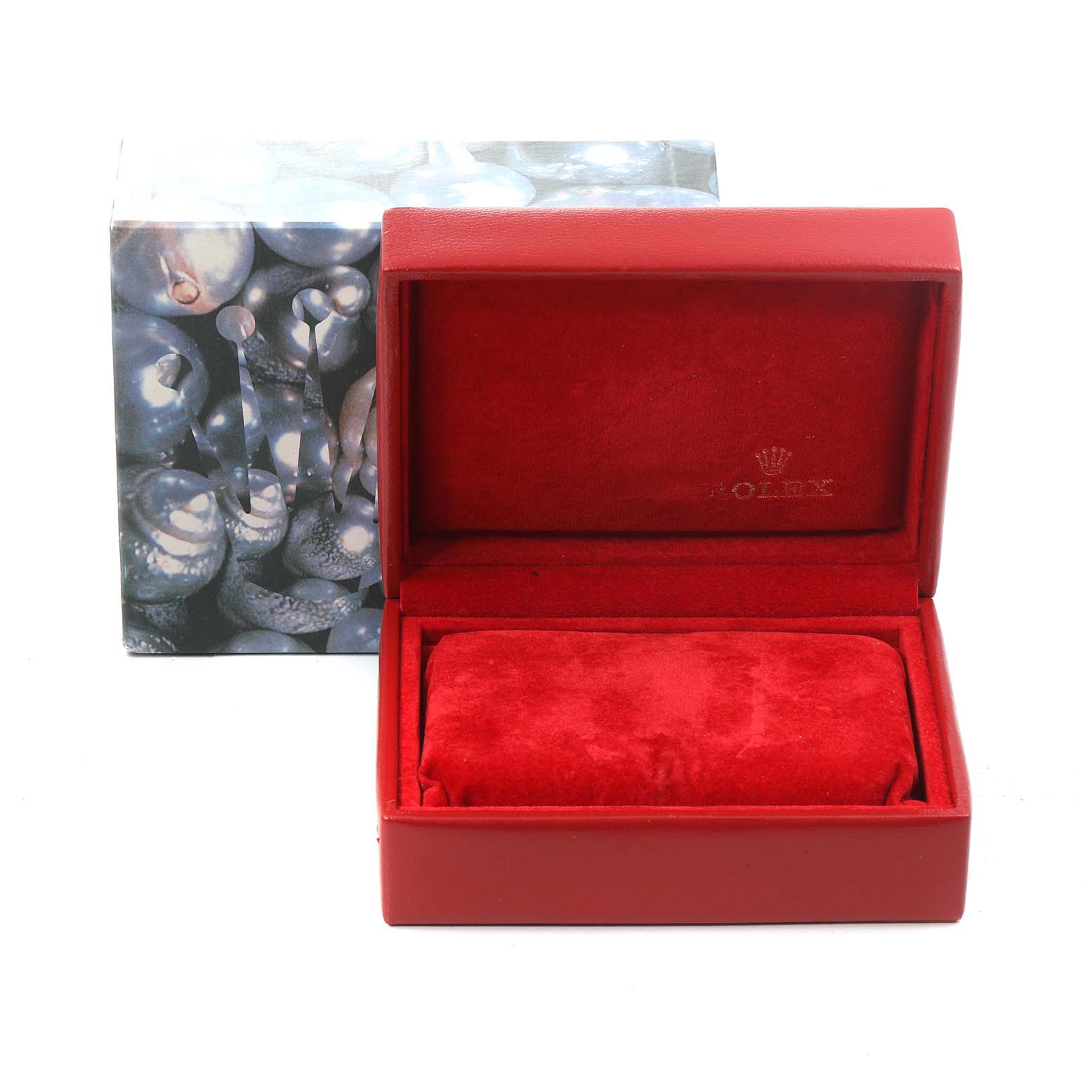 The image shows an opened Rolex Datejust 69173 Women's Steel and Gold (two tone) Blue Dial 69173 Women's Steel and Gold (two tone) Blue Dial watch box with a red velvet interior and an additional decorative outer box.