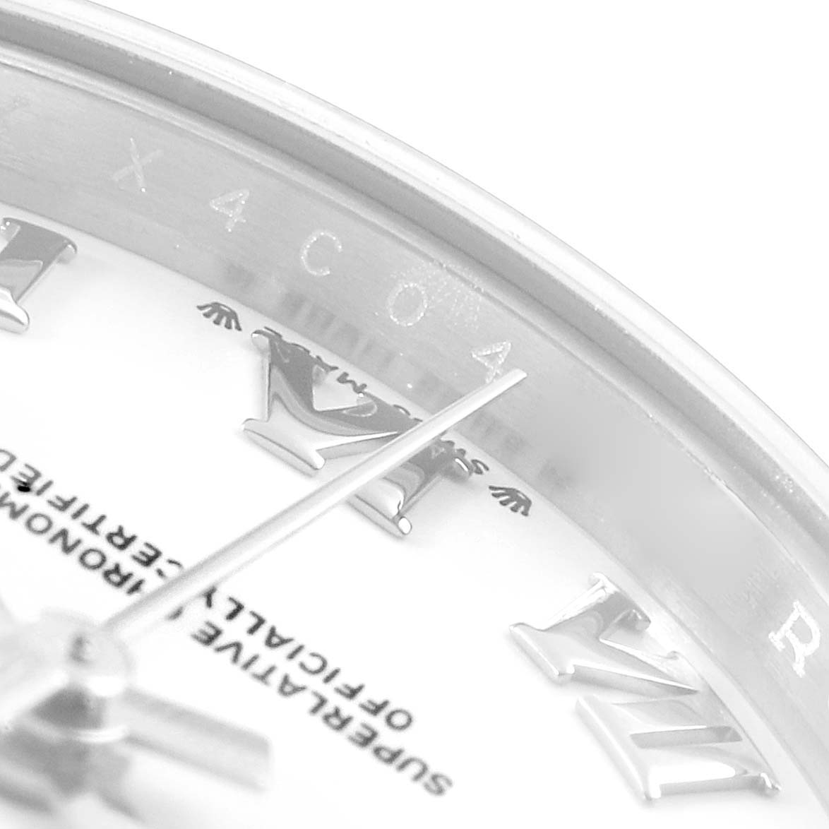 Close-up of the Rolex Datejust 279174 Women
s Stainless Steel White Dial 279174 Women
s Stainless Steel White Dial watch showing the dial, Roman numerals, and part of the hand.