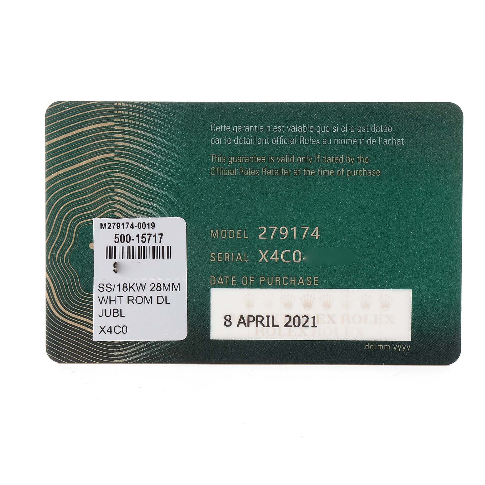 The image shows a warranty card for the Rolex Datejust 279174 Women
s Stainless Steel White Dial 279174 Women
s Stainless Steel White Dial model 279174.