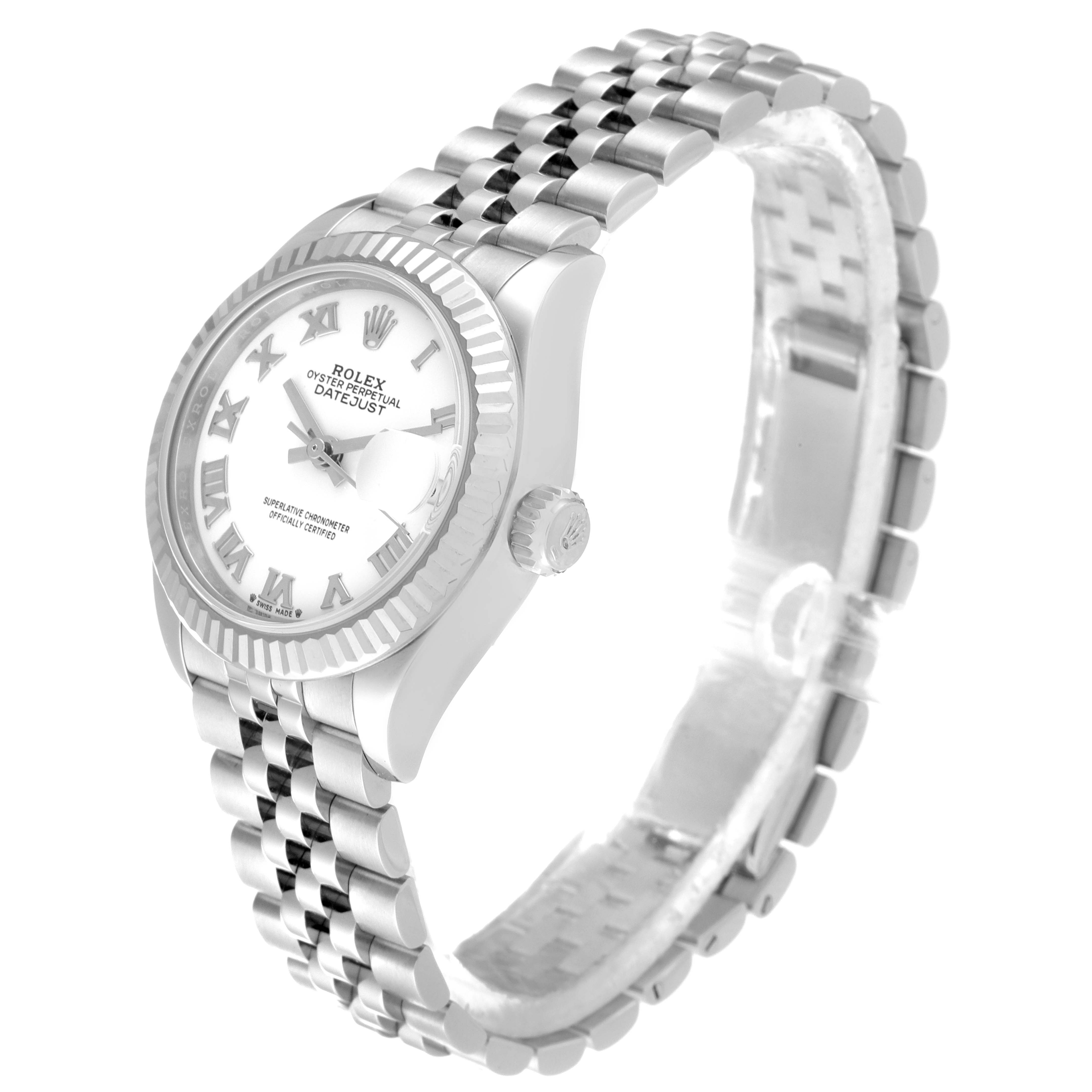 The Rolex Datejust 279174 Women
s Stainless Steel White Dial 279174 Women
s Stainless Steel White Dial watch is shown at an angled side view, highlighting the face, bezel, and bracelet.