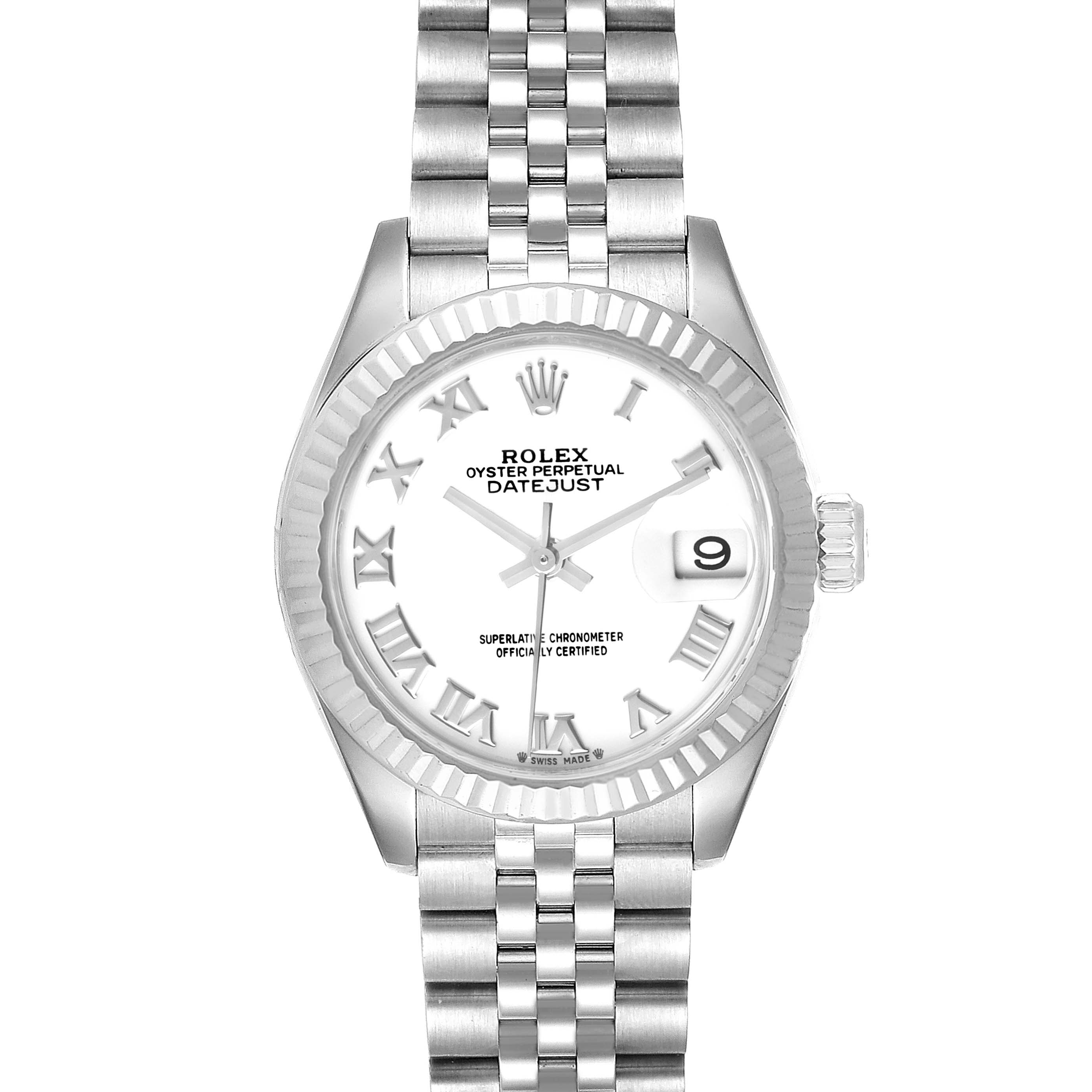 The image shows a Rolex Datejust 279174 Women
s Stainless Steel White Dial 279174 Women
s Stainless Steel White Dial watch from a front angle, highlighting its dial, bezel, bracelet, and date window.