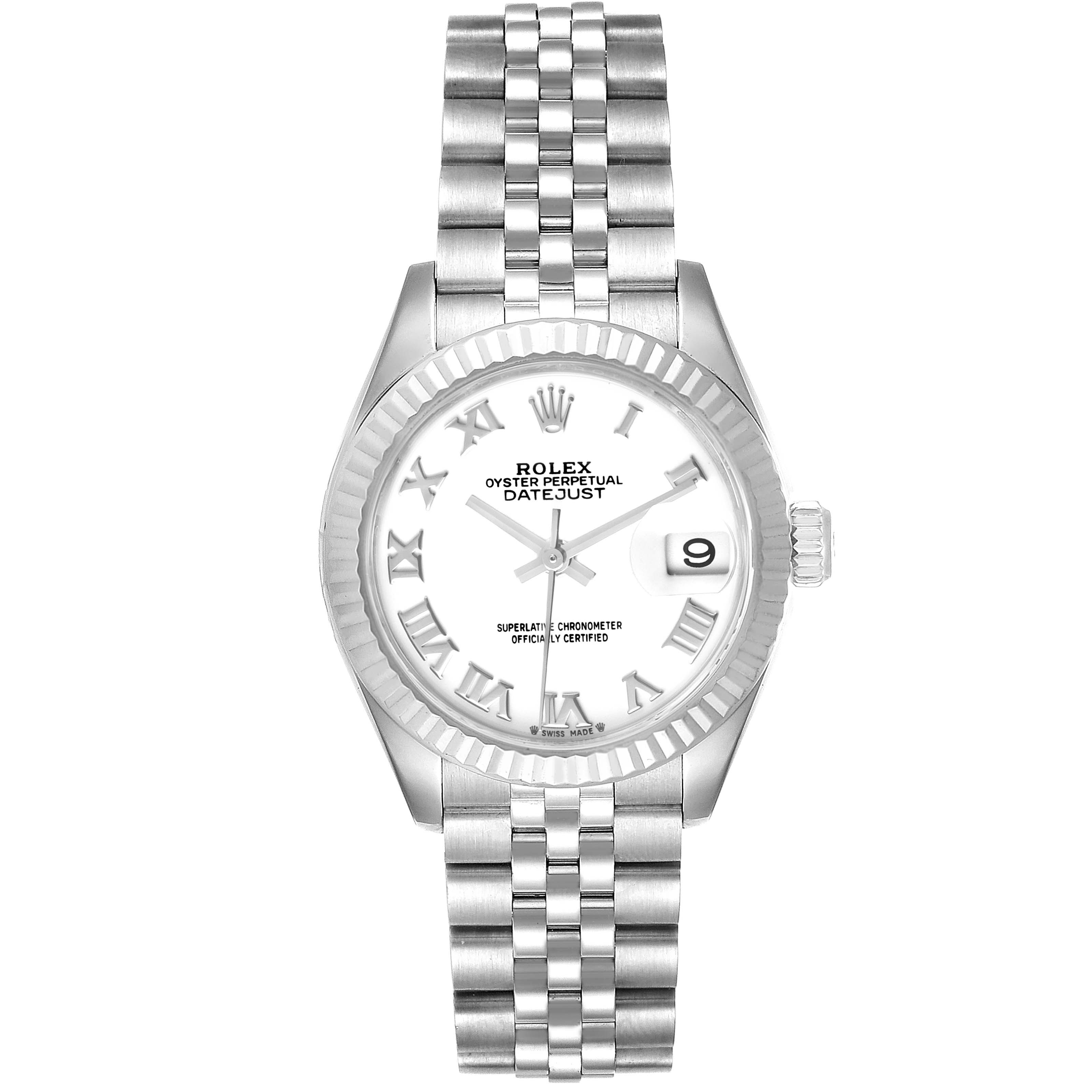The Rolex Datejust 279174 Women
s Stainless Steel White Dial 279174 Women
s Stainless Steel White Dial watch is shown from a top-down angle, displaying the dial, bracelet, and date window at 3 o
clock.