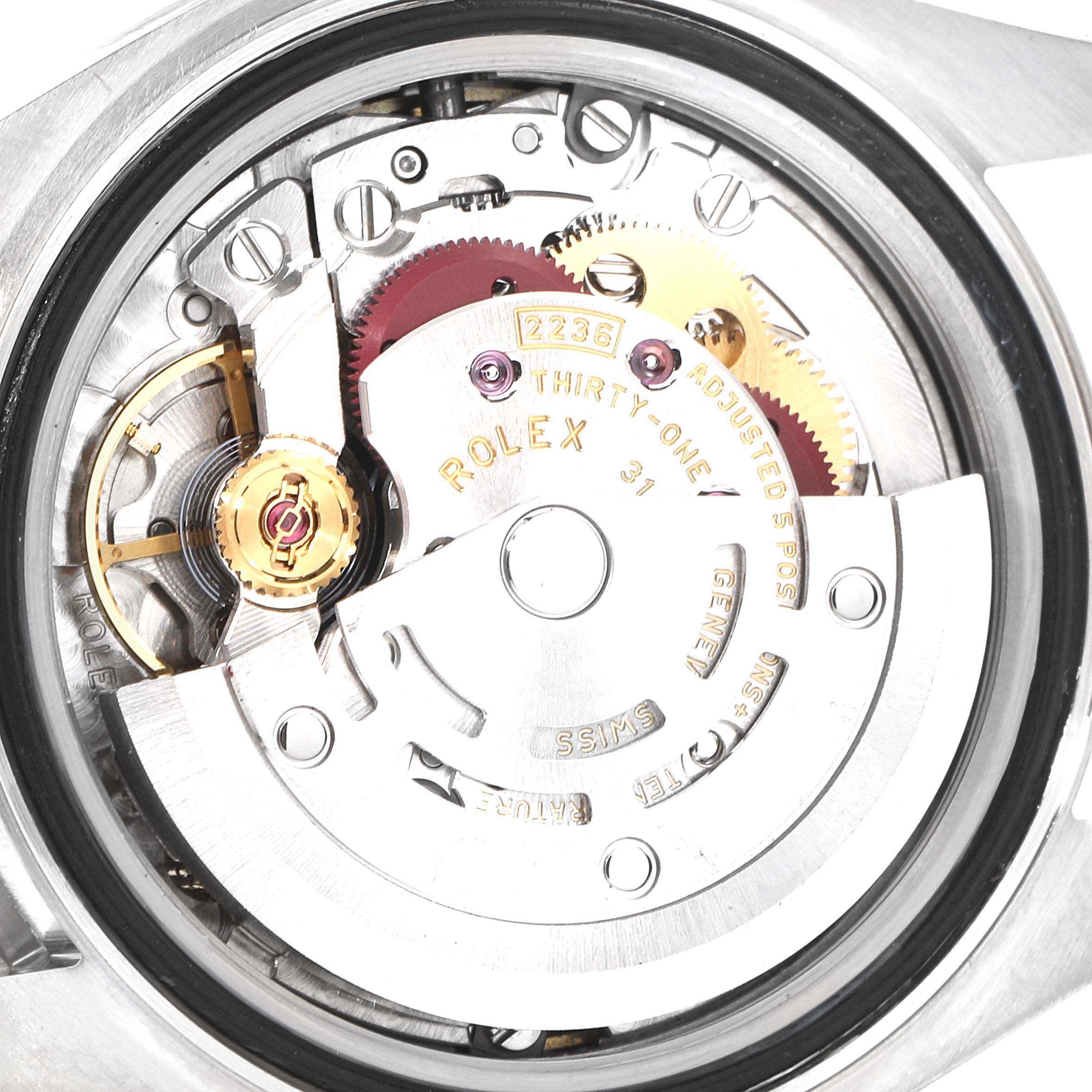 This image displays the inside mechanical movement of the Rolex Datejust 279174 Women
s Stainless Steel White Dial 279174 Women
s Stainless Steel White Dial watch, showing gears and components up close.
