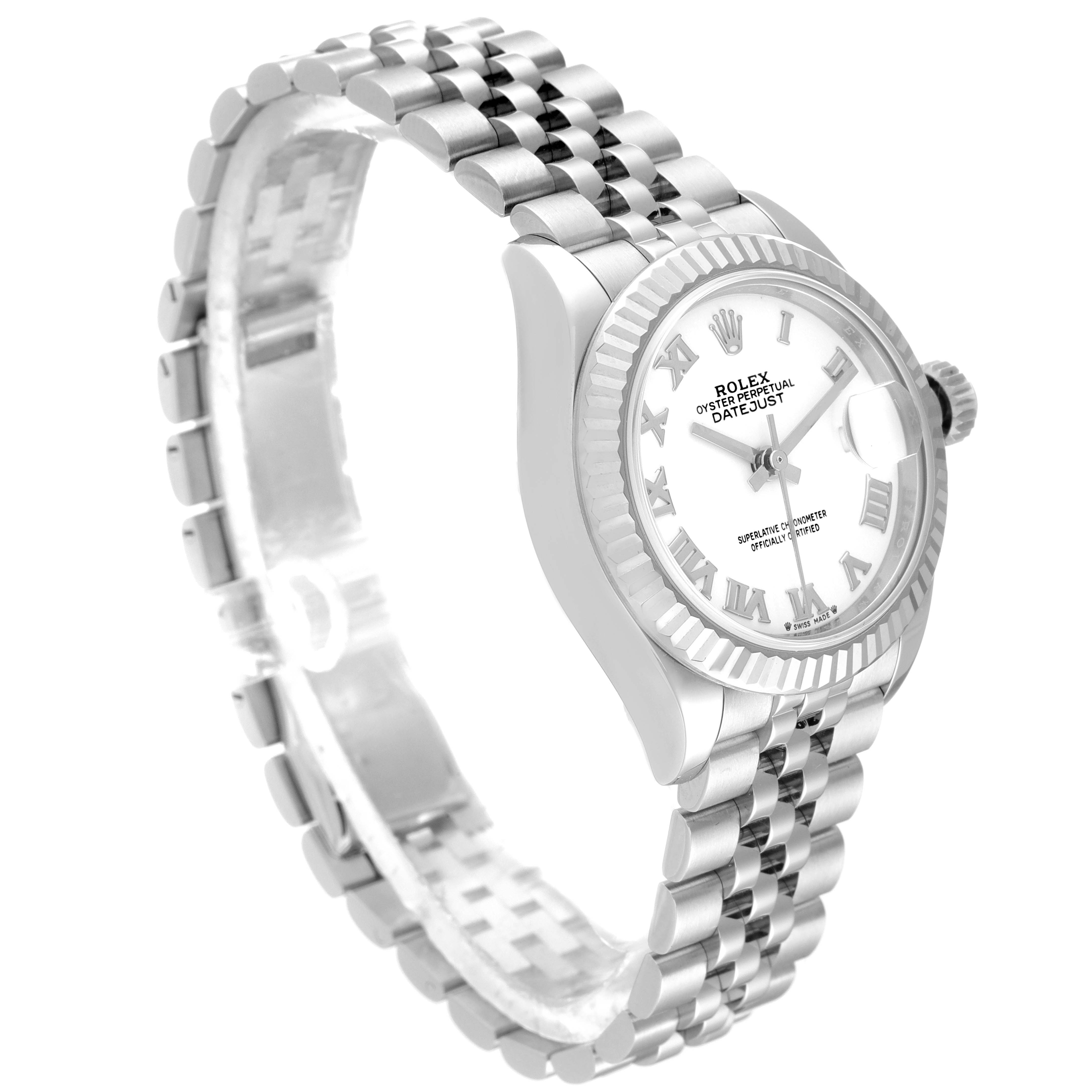 This is a side-angle view of a Rolex Datejust 279174 Women
s Stainless Steel White Dial 279174 Women
s Stainless Steel White Dial watch, showing the face, bezel, crown, and partially the bracelet.
