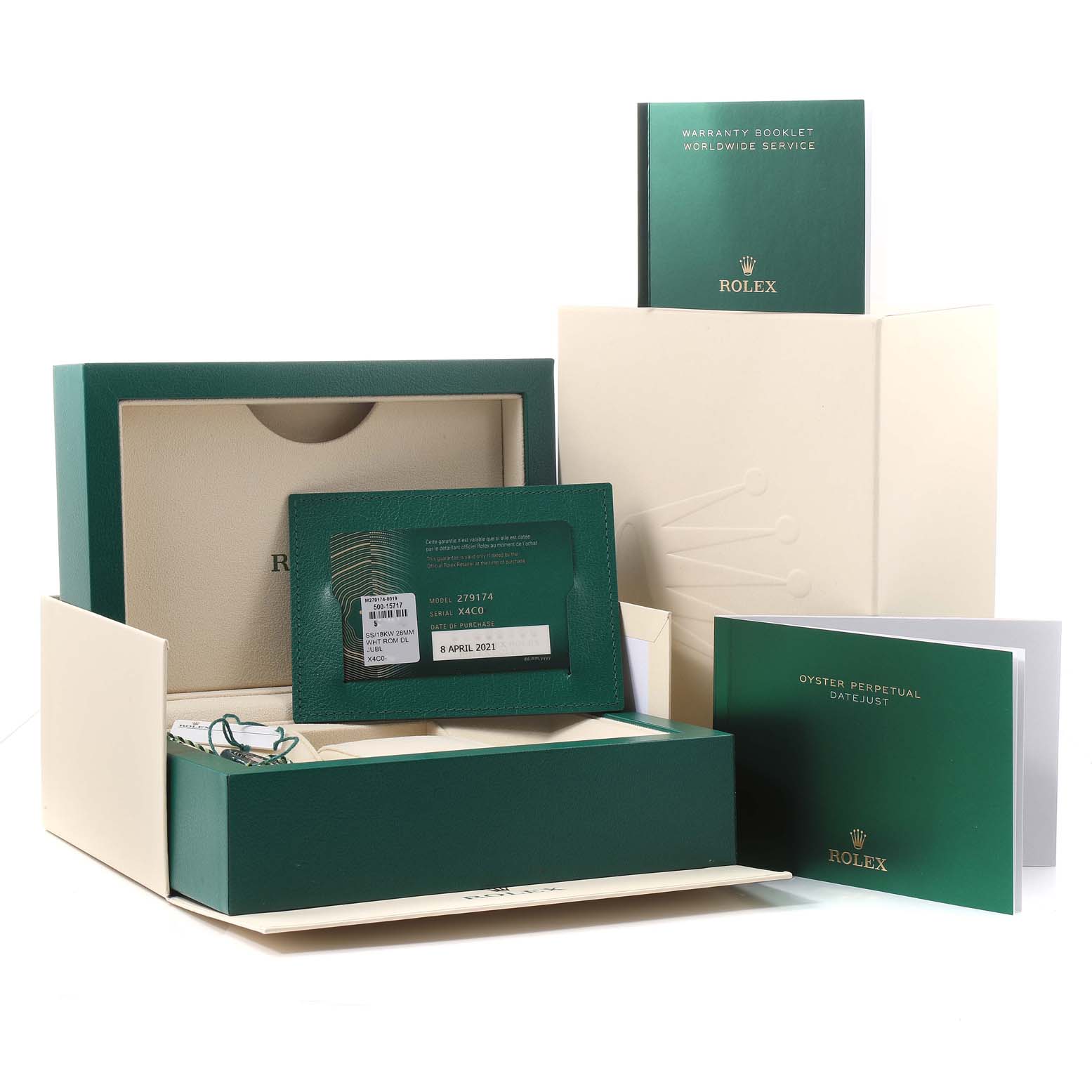 The image shows the packaging, warranty booklet, warranty card, and manual for a Rolex Datejust 279174 Women
s Stainless Steel White Dial 279174 Women
s Stainless Steel White Dial watch.