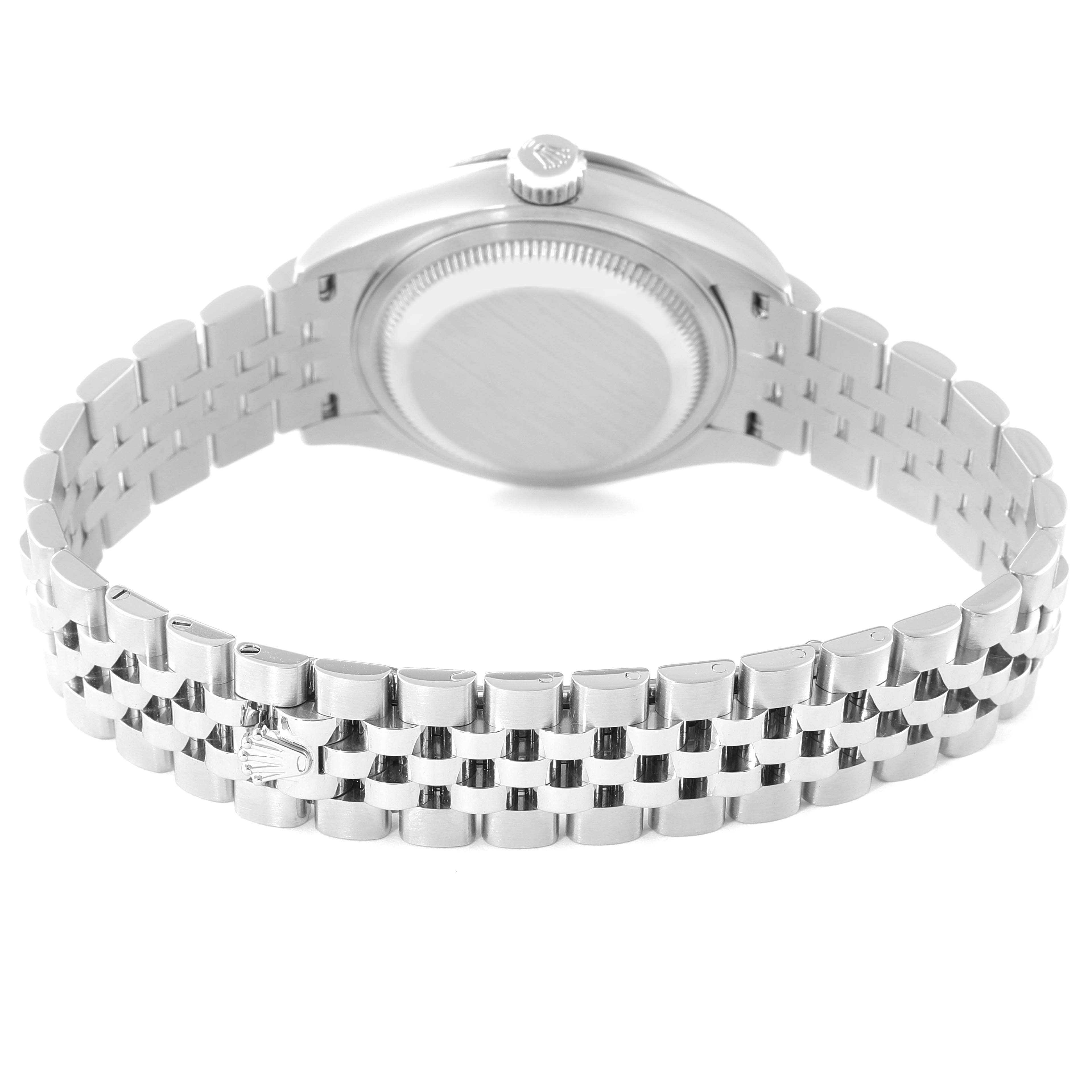 The image shows the back view of a Rolex Datejust 279174 Women
s Stainless Steel White Dial 279174 Women
s Stainless Steel White Dial watch, highlighting its caseback and Jubilee bracelet.