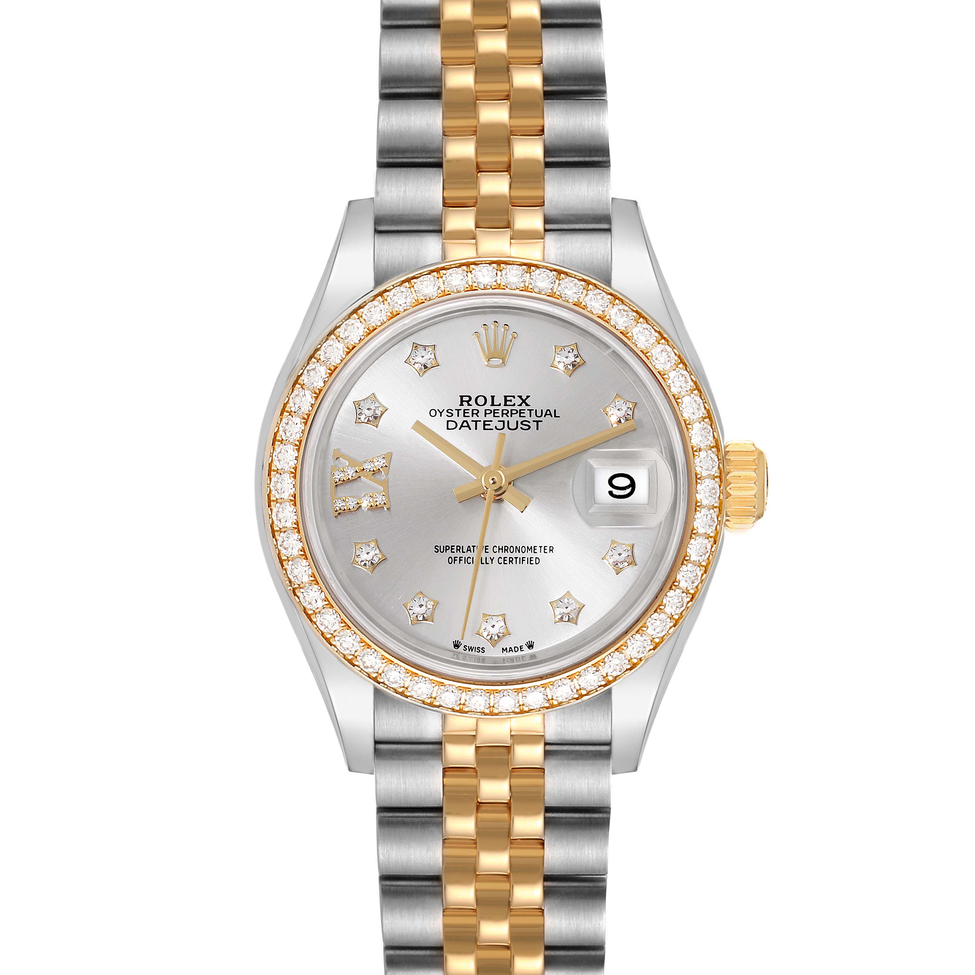 The image displays a front view of a Rolex Datejust 279383 Women's Steel and Gold (two tone) Silver Dial 279383 Women's Steel and Gold (two tone) Silver Dial, highlighting the watch face, bezel, and bracelet.