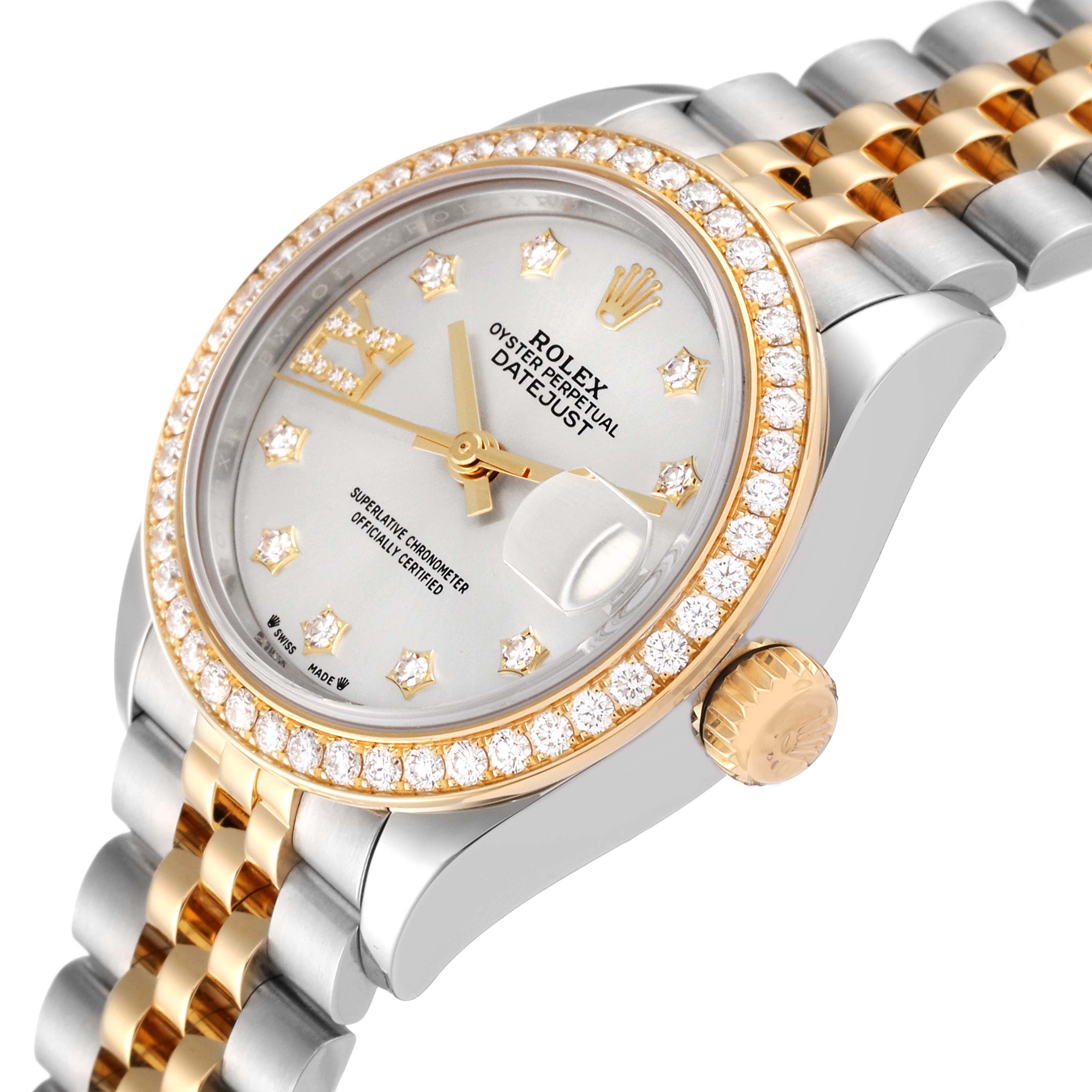 The image shows a Rolex Datejust 279383 Women's Steel and Gold (two tone) Silver Dial 279383 Women's Steel and Gold (two tone) Silver Dial watch from an angled top view, highlighting its diamond-encrusted bezel, dial, and two-tone bracelet.