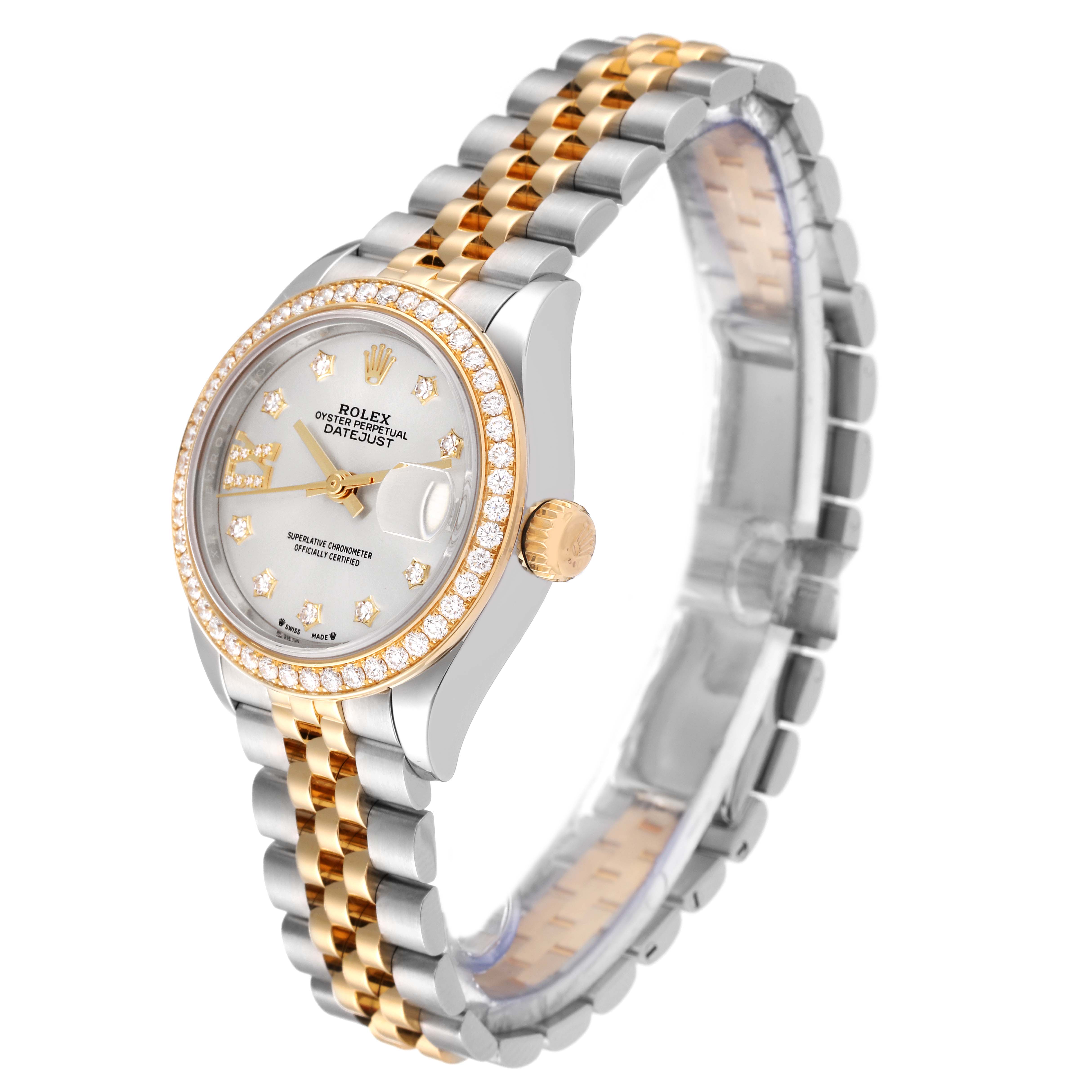 The image shows a Rolex Datejust 279383 Women's Steel and Gold (two tone) Silver Dial 279383 Women's Steel and Gold (two tone) Silver Dial watch at an angle highlighting its bezel, dial, crown, and Jubilee bracelet.