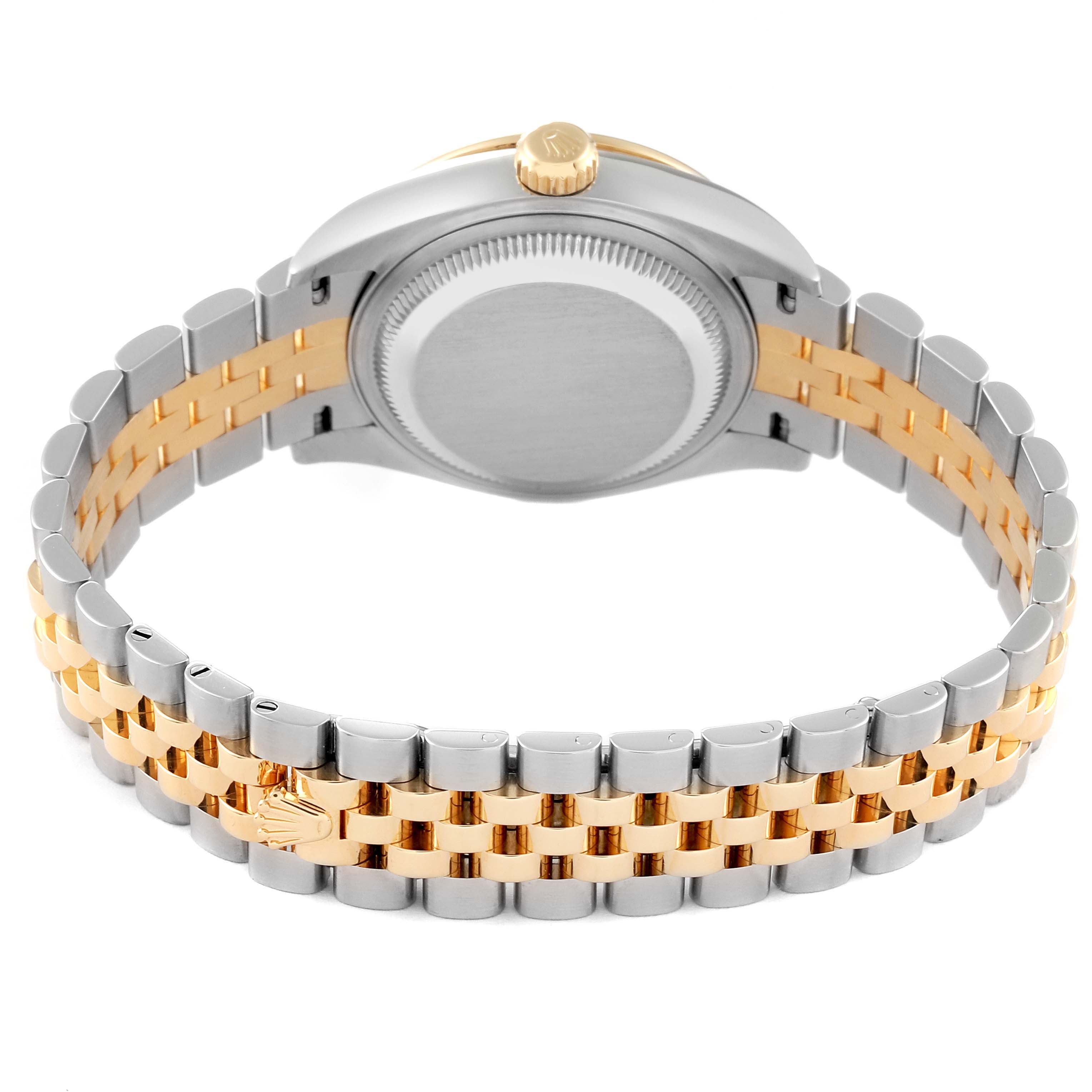 The image shows the back view of a Rolex Datejust 279383 Women's Steel and Gold (two tone) Silver Dial 279383 Women's Steel and Gold (two tone) Silver Dial, highlighting its two-tone bracelet and case-back.