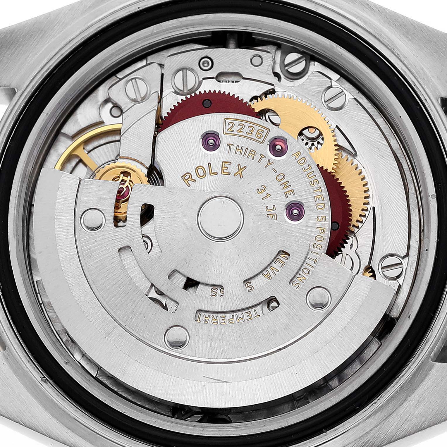 The image shows the movement and internal mechanics of a Rolex Datejust 279383 Women's Steel and Gold (two tone) Silver Dial 279383 Women's Steel and Gold (two tone) Silver Dial watch viewed from the back.
