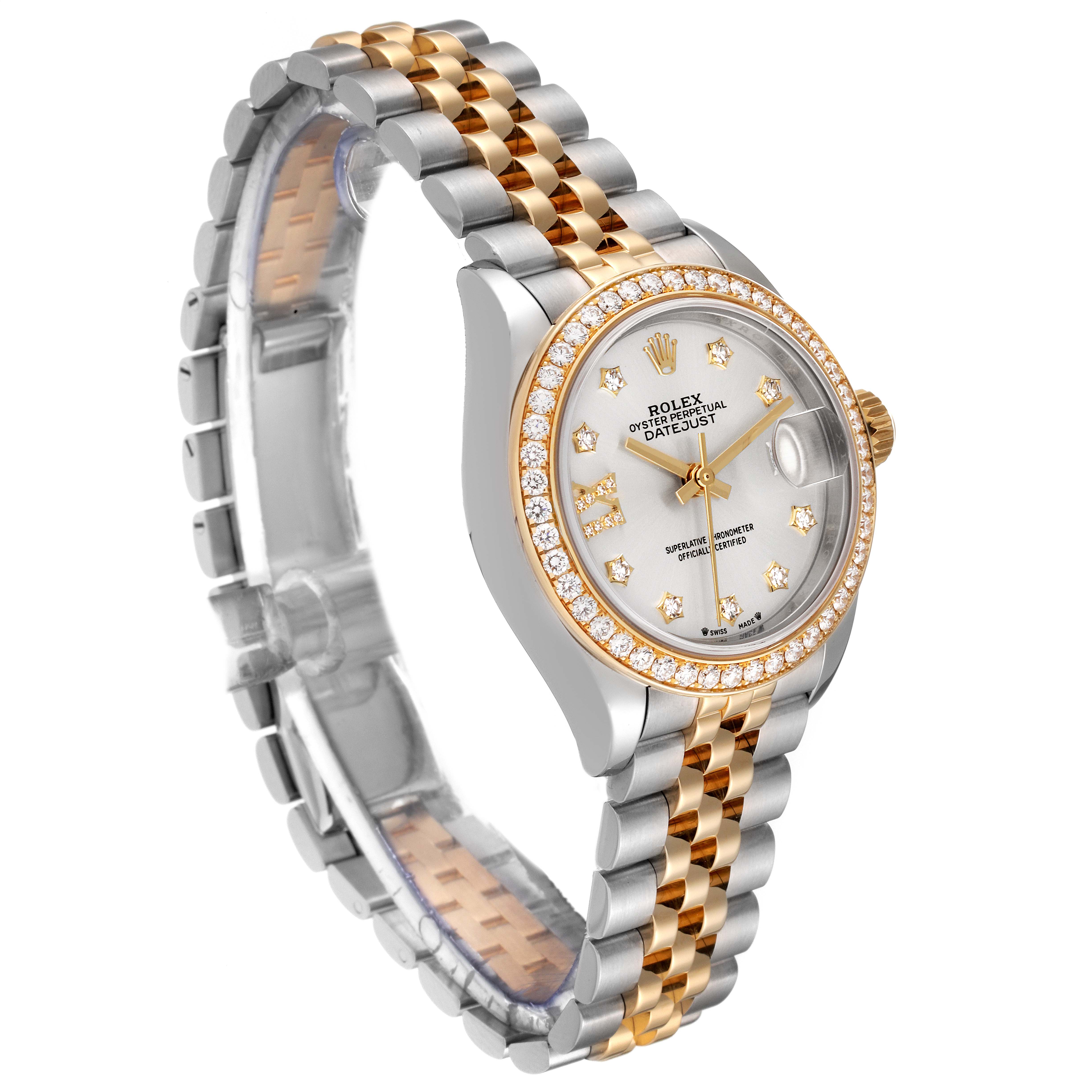 The Rolex Datejust 279383 Women's Steel and Gold (two tone) Silver Dial 279383 Women's Steel and Gold (two tone) Silver Dial watch is shown at a side angle, displaying its two-tone bracelet, diamond bezel, and dial.