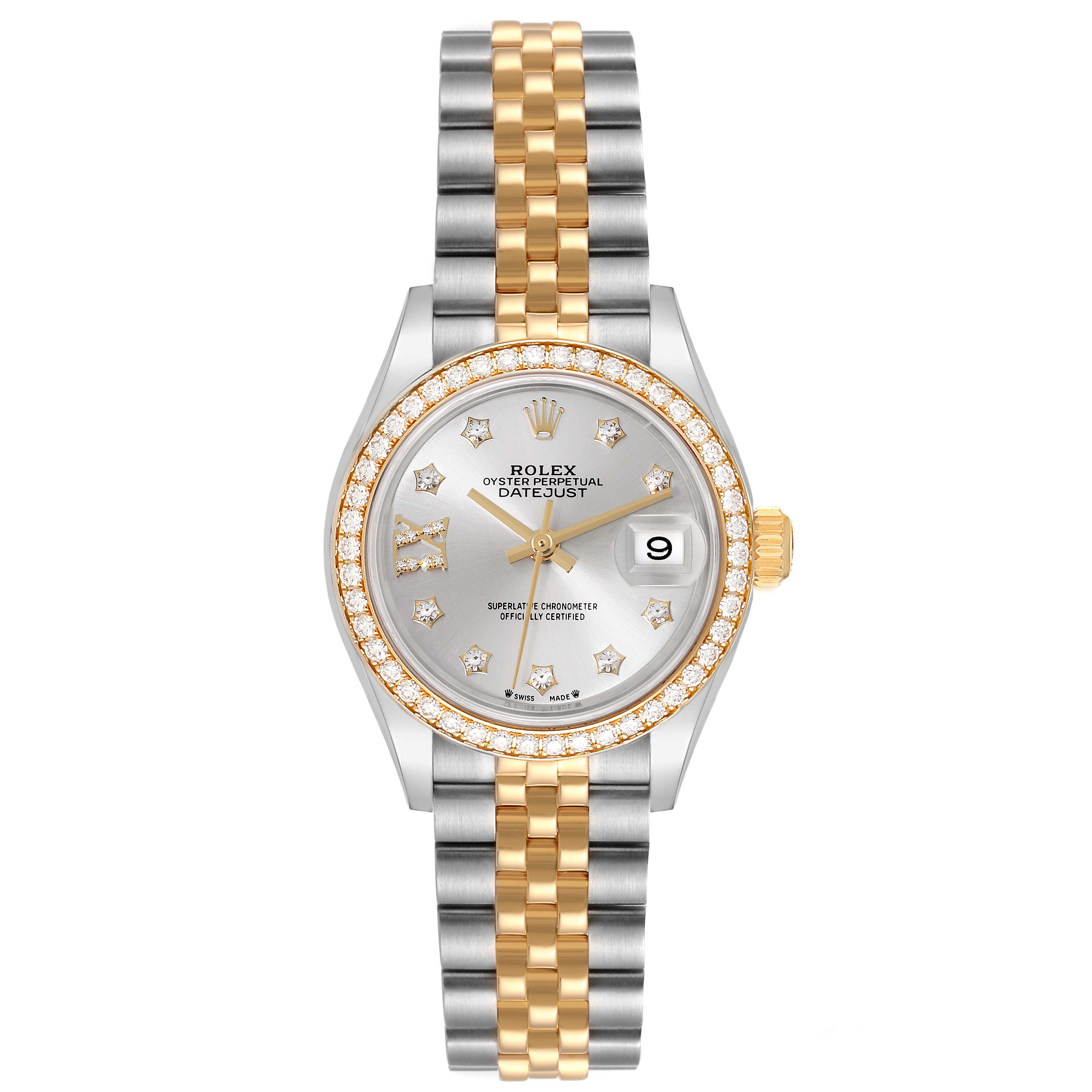 The image shows a Rolex Datejust 279383 Women's Steel and Gold (two tone) Silver Dial 279383 Women's Steel and Gold (two tone) Silver Dial watch from a top-down view, displaying its bezel, dial, hands, and two-tone bracelet.