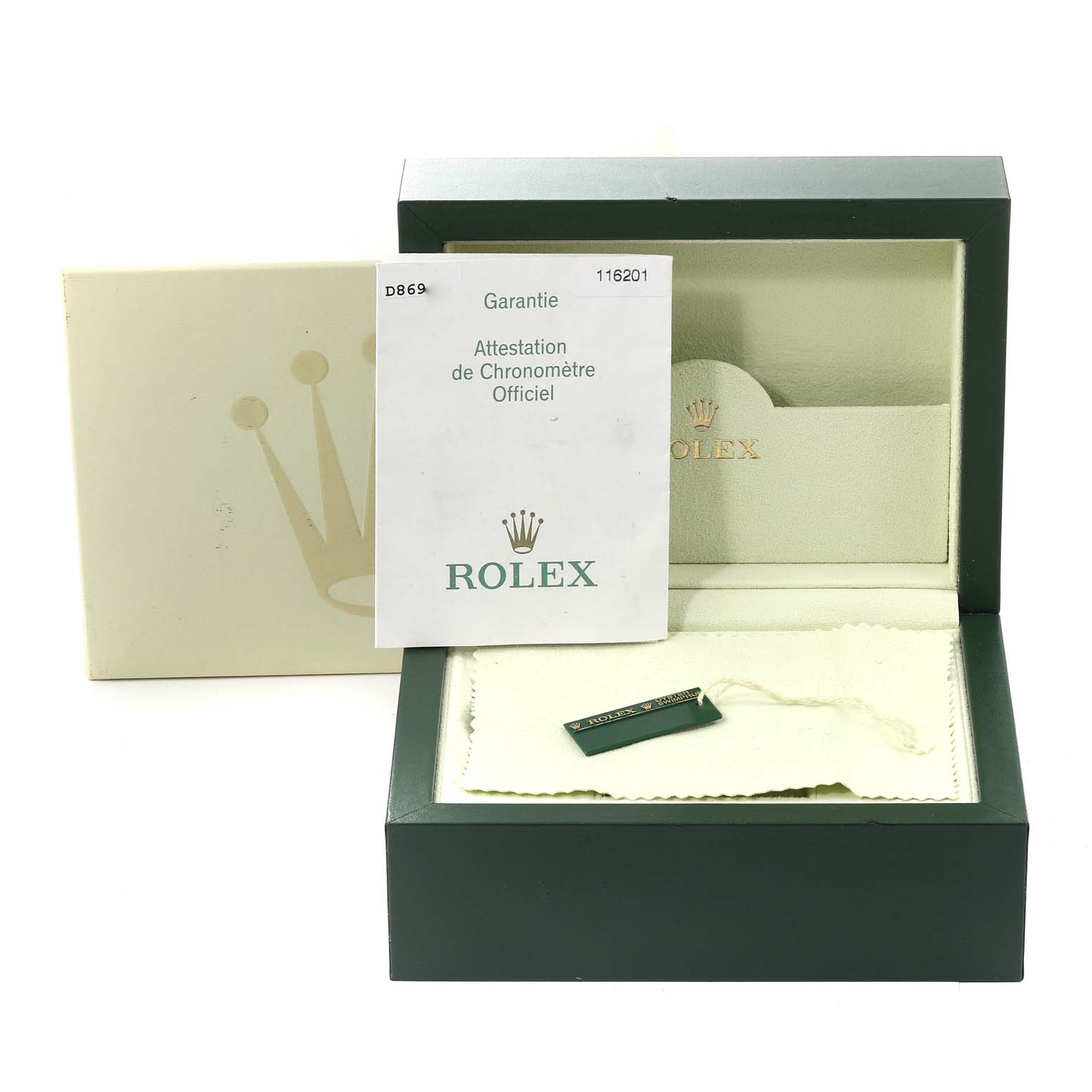 The image shows the box and accessories, including a warranty card, for a Rolex Datejust 116201 Men's Steel and Gold (two tone) Silver Dial 116201 Men's Steel and Gold (two tone) Silver Dial watch.