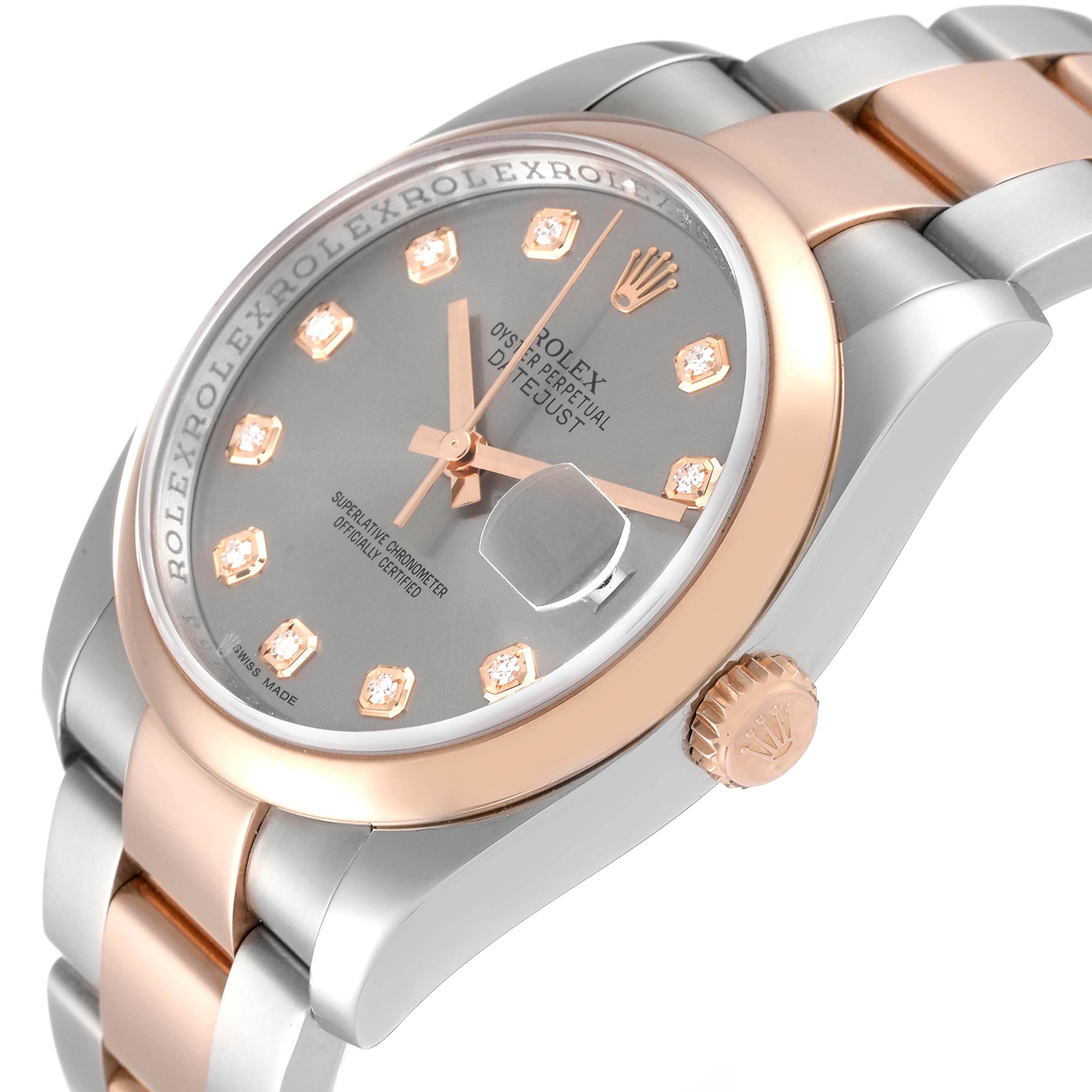 This image shows a close-up angle of the Rolex Datejust 116201 Men's Steel and Gold (two tone) Silver Dial 116201 Men's Steel and Gold (two tone) Silver Dial watch, highlighting the dial, crown, and part of the bracelet.